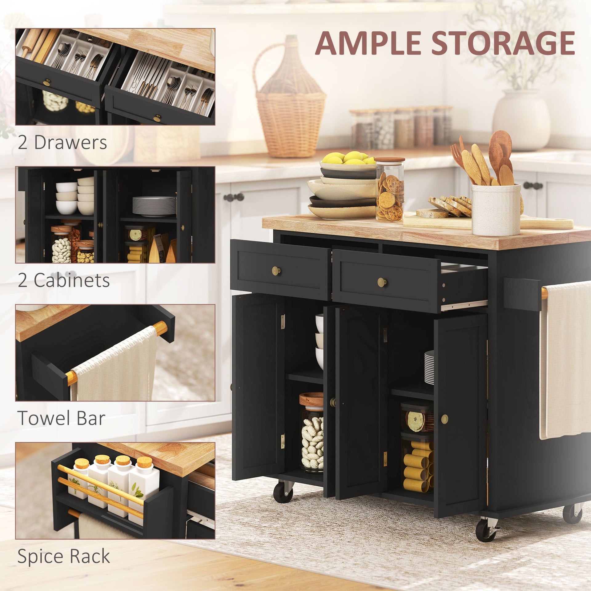 HOMCOM 44" Mobile Kitchen Island Table, Kitchen Island Cart on Wheels with Storage Cabinets, 2 Drawers, Black