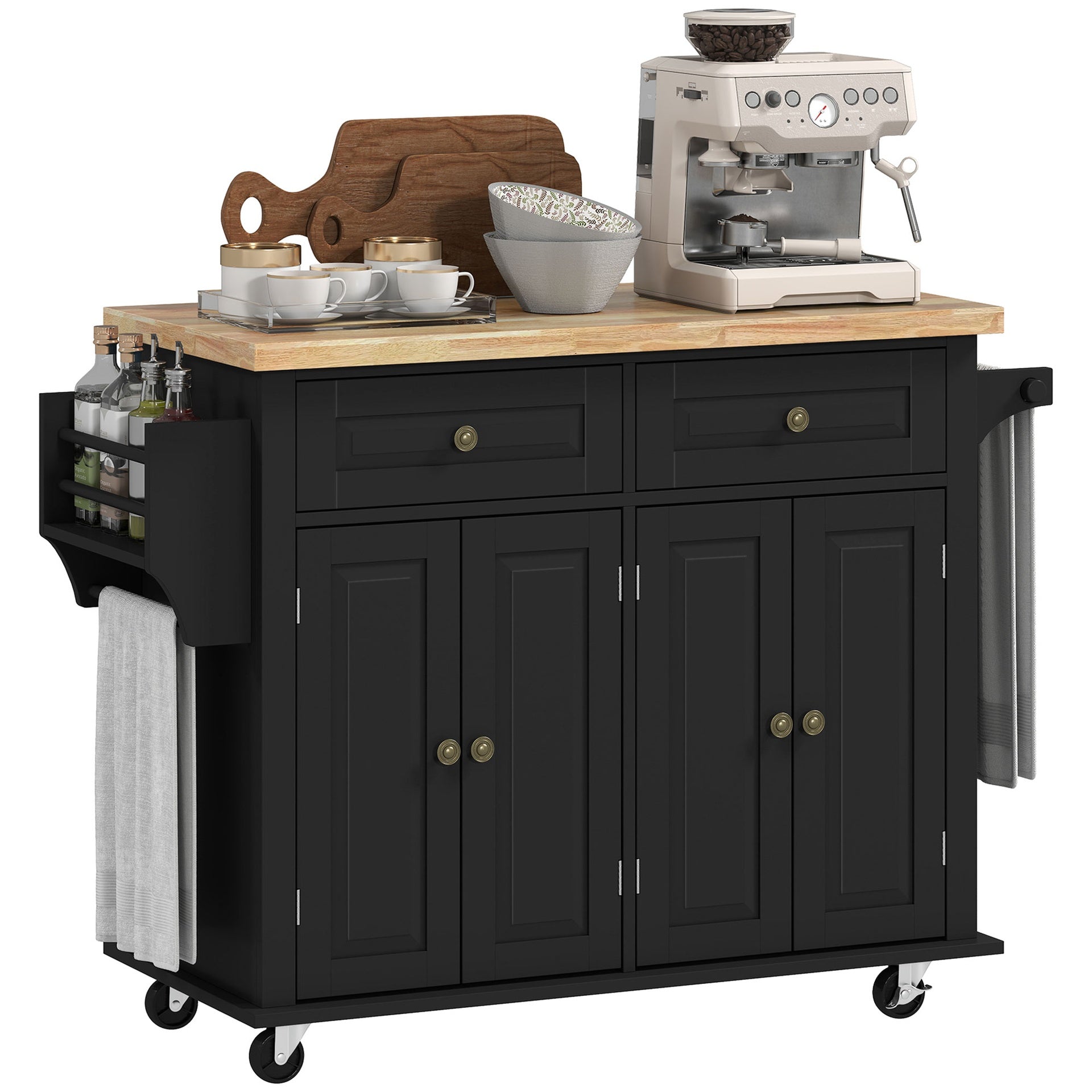 HOMCOM 44" Mobile Kitchen Island Table, Kitchen Island Cart on Wheels with Storage Cabinets, 2 Drawers, Black