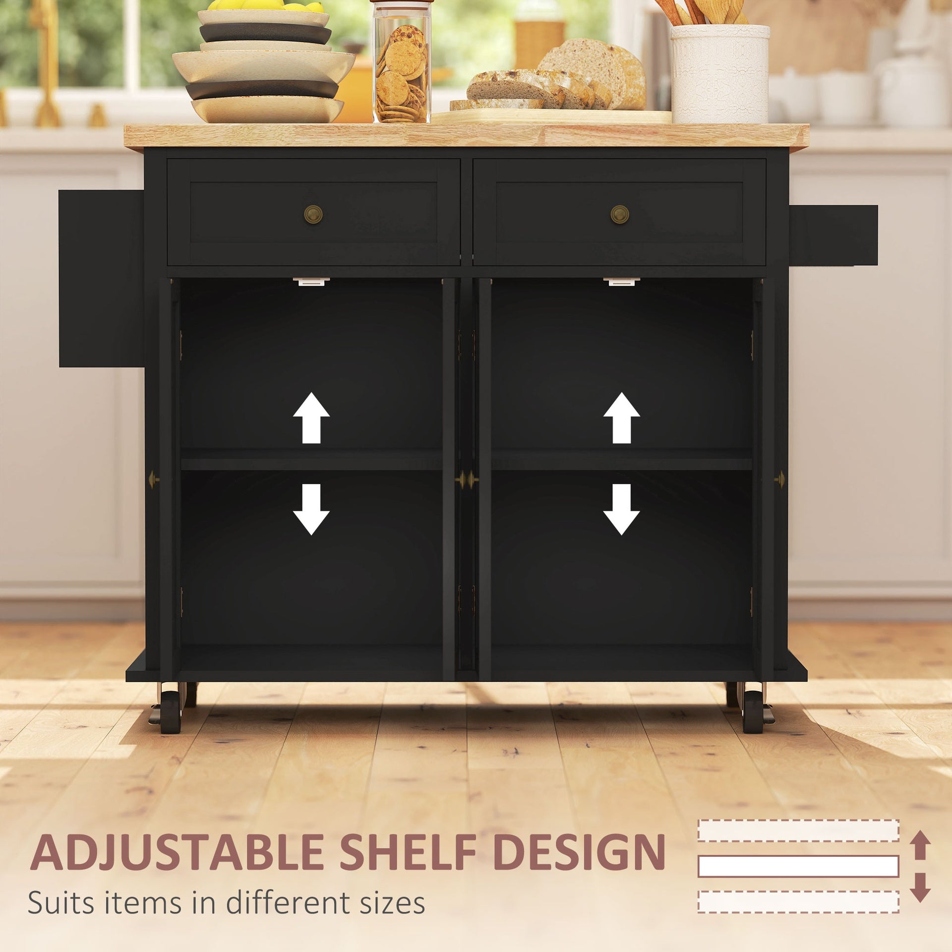 HOMCOM 44" Mobile Kitchen Island Table, Kitchen Island Cart on Wheels with Storage Cabinets, 2 Drawers, Black