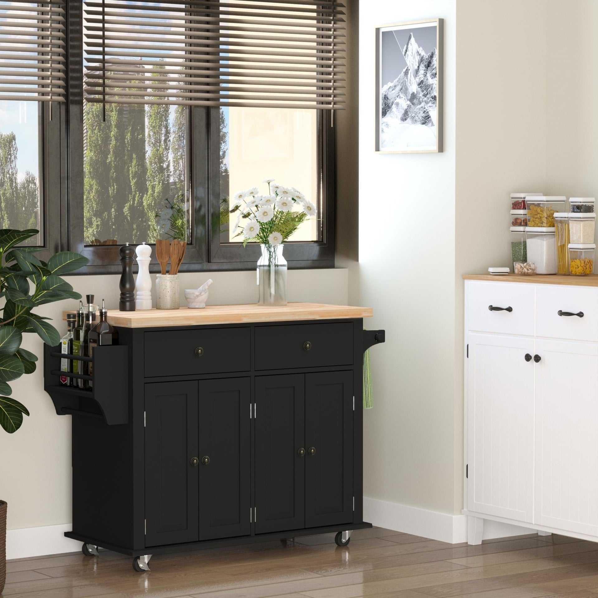 HOMCOM 44" Mobile Kitchen Island Table, Kitchen Island Cart on Wheels with Storage Cabinets, 2 Drawers, Black