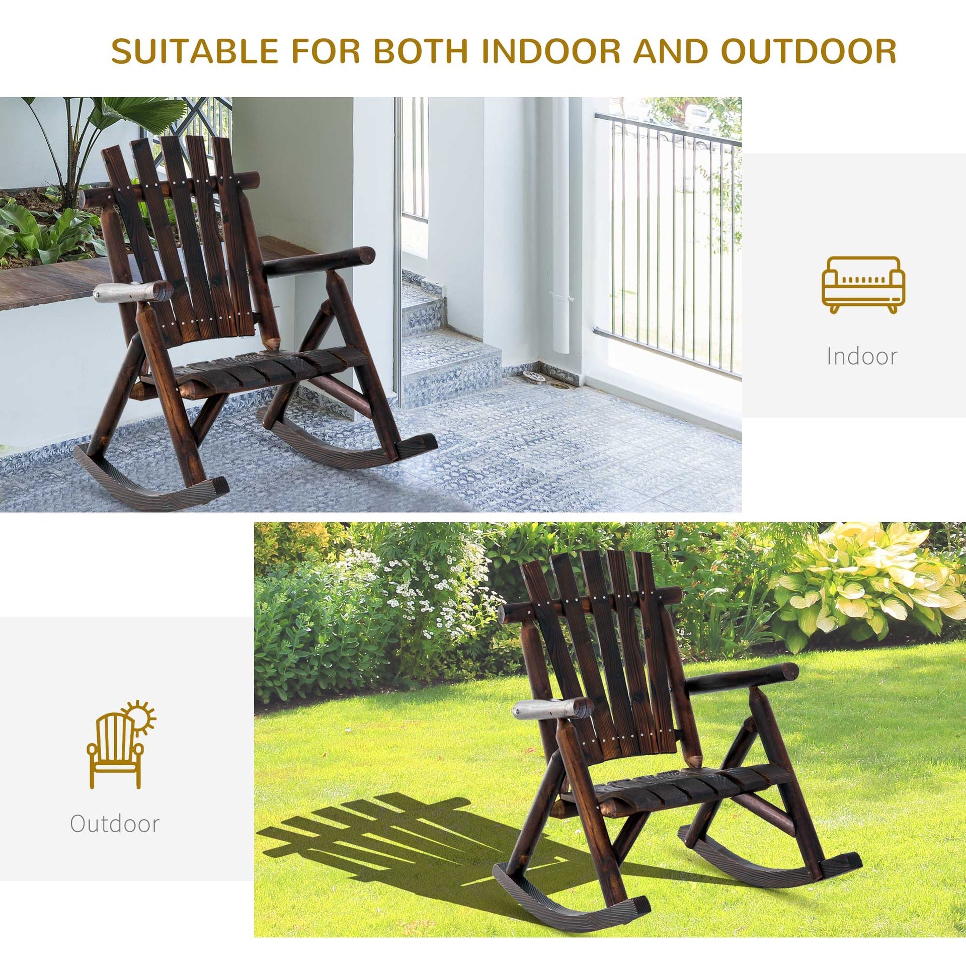 Outsunny Outdoor Wooden Rocking Chair, Single-Person Rustic Adirondack Rocker with Slatted Seat, High Backrest, Armrests for Patio, Garden and Porch, Brown