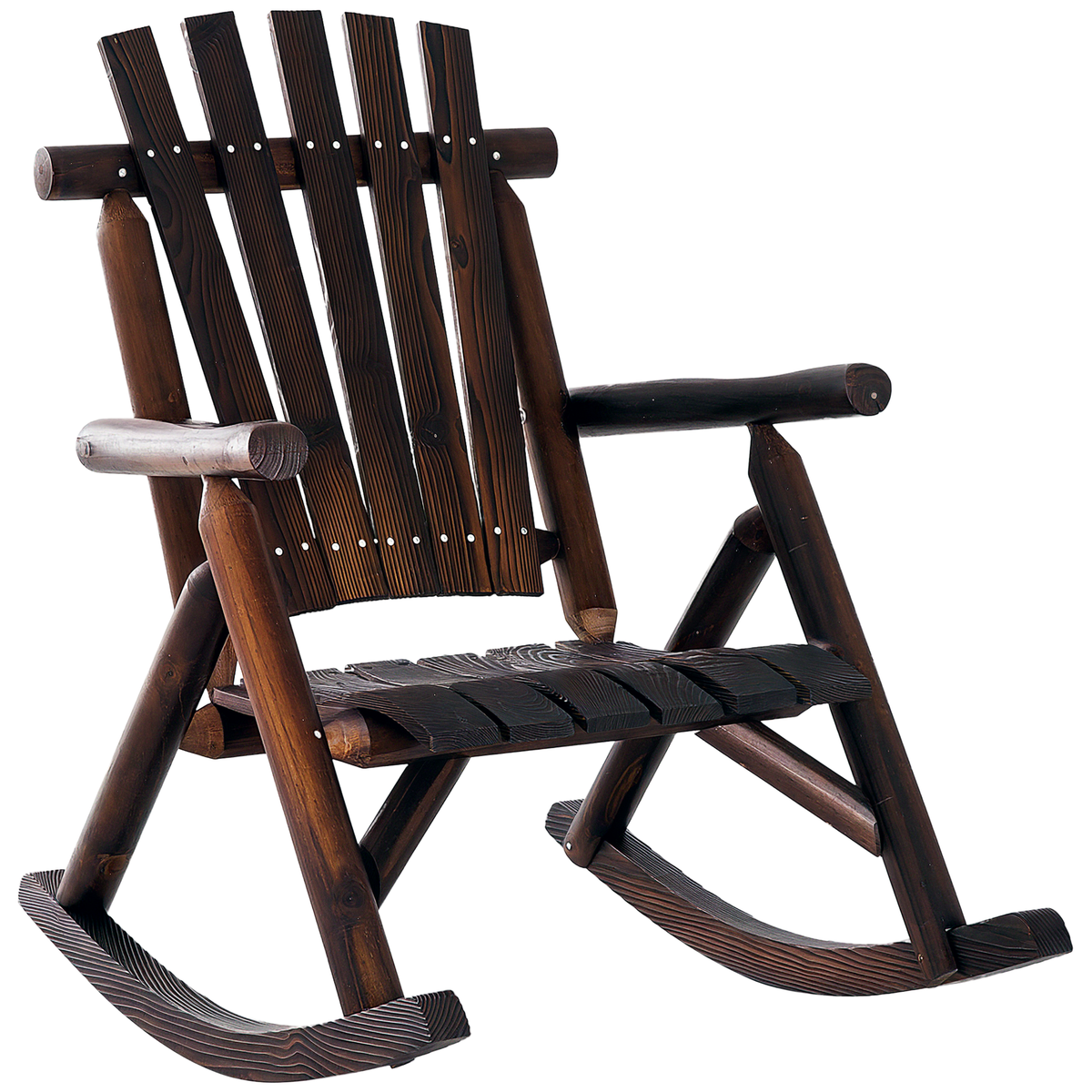 Outsunny Outdoor Wooden Rocking Chair, Single-Person Rustic Adirondack Rocker with Slatted Seat, High Backrest, Armrests for Patio, Garden and Porch, Brown