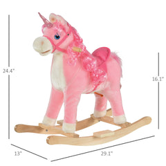 Qaba Kids Rocking Horse, Ride on Unicorn with Wooden Base, Tail Wag & Sounds for Toddlers 3-6 Years Old, Pink