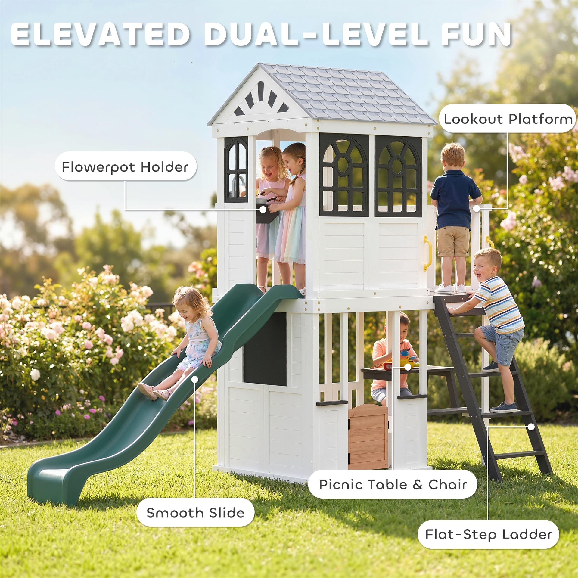 Qaba Two-Story Outdoor Playhouse, Wooden Kids Playhouse with Slide, Table & Bench, Play Kitchen, Ladder, Blackboard, White