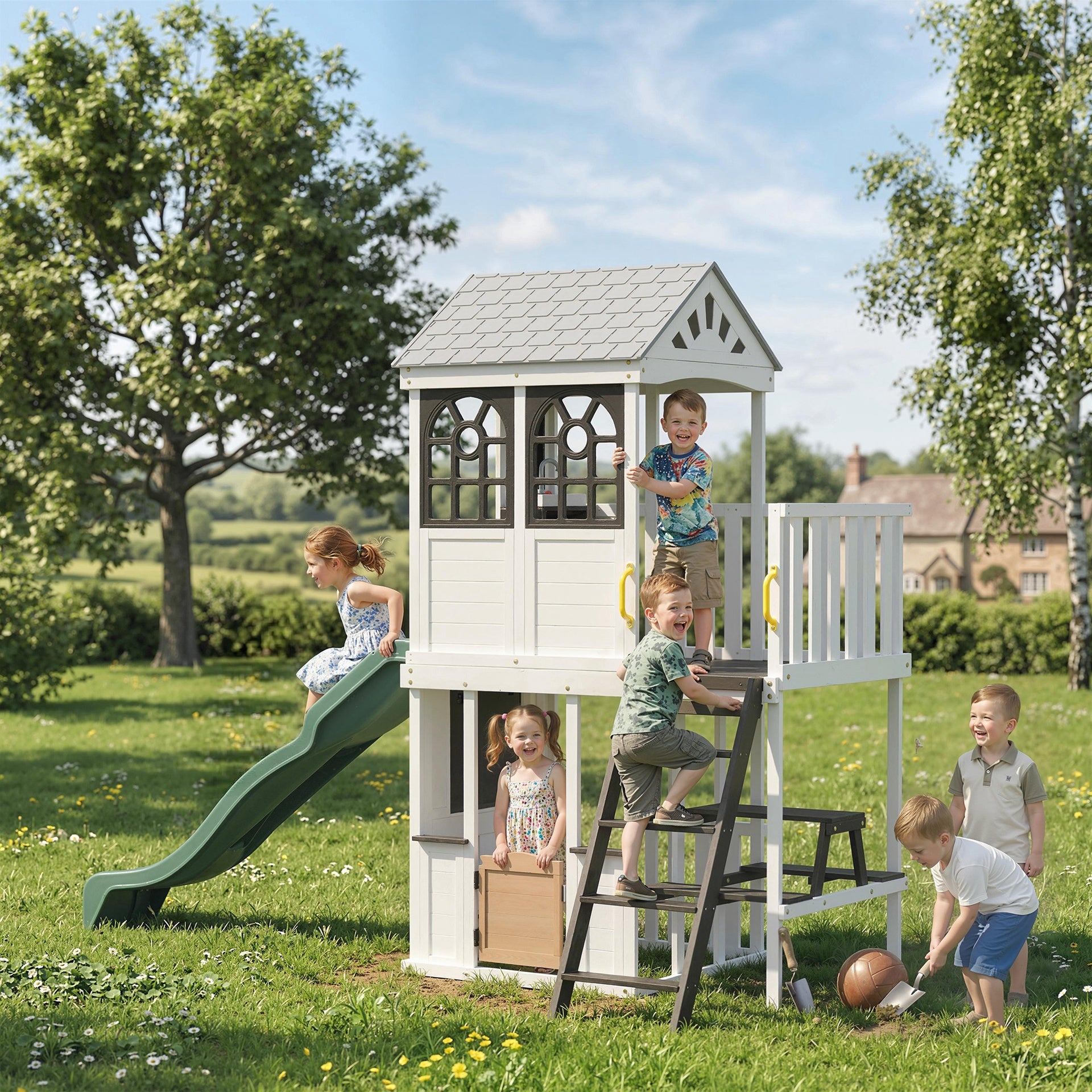 Qaba Two-Story Outdoor Playhouse, Wooden Kids Playhouse with Slide, Table & Bench, Play Kitchen, Ladder, Blackboard, White