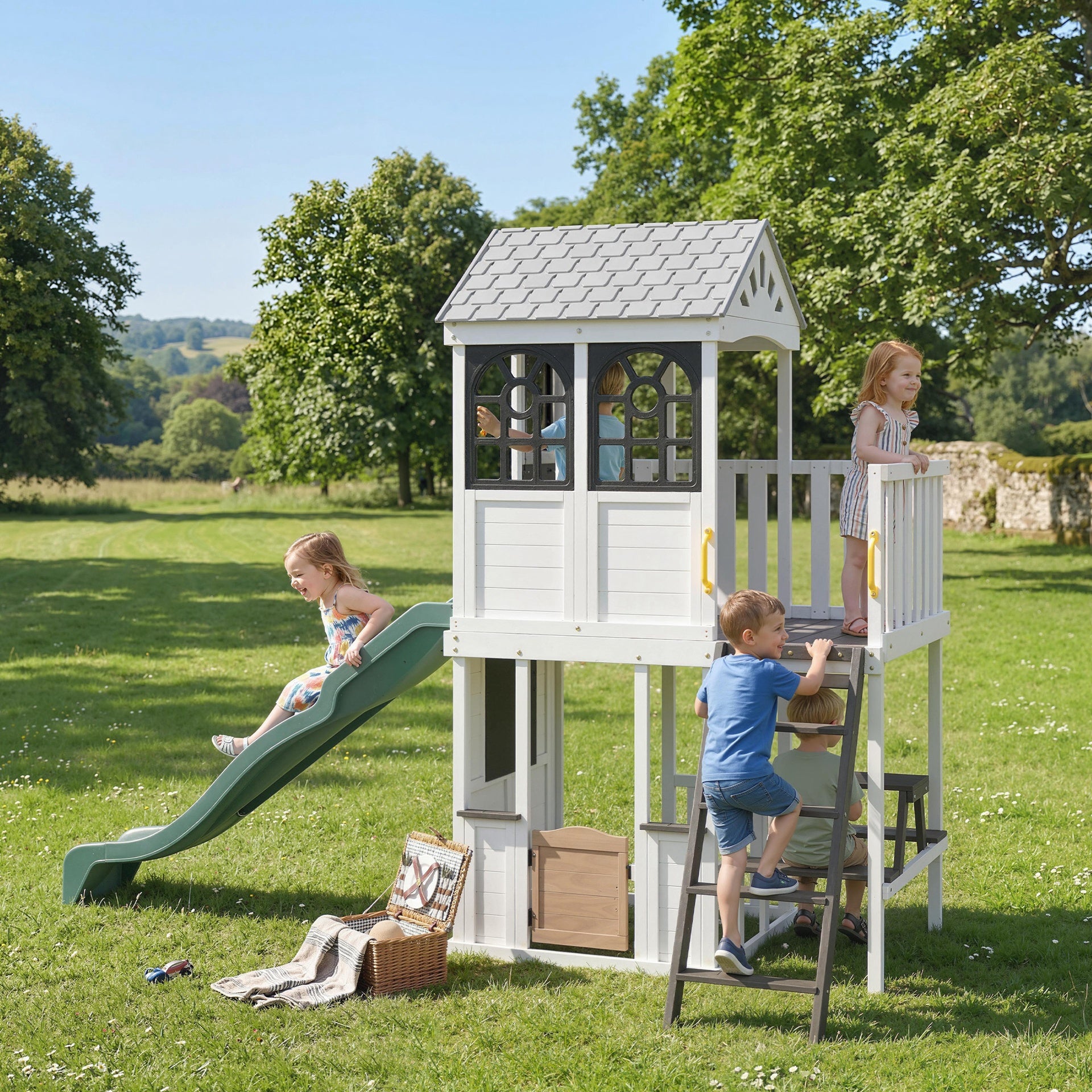 Qaba Two-Story Outdoor Playhouse, Wooden Kids Playhouse with Slide, Table & Bench, Play Kitchen, Ladder, Blackboard, White