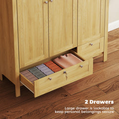 HOMCOM 3 Doors Wardrobe Closet with 2 Drawers, Bedroom Armoire with Lockable Drawer, Hanging Rod and Storage Shelves, Natural