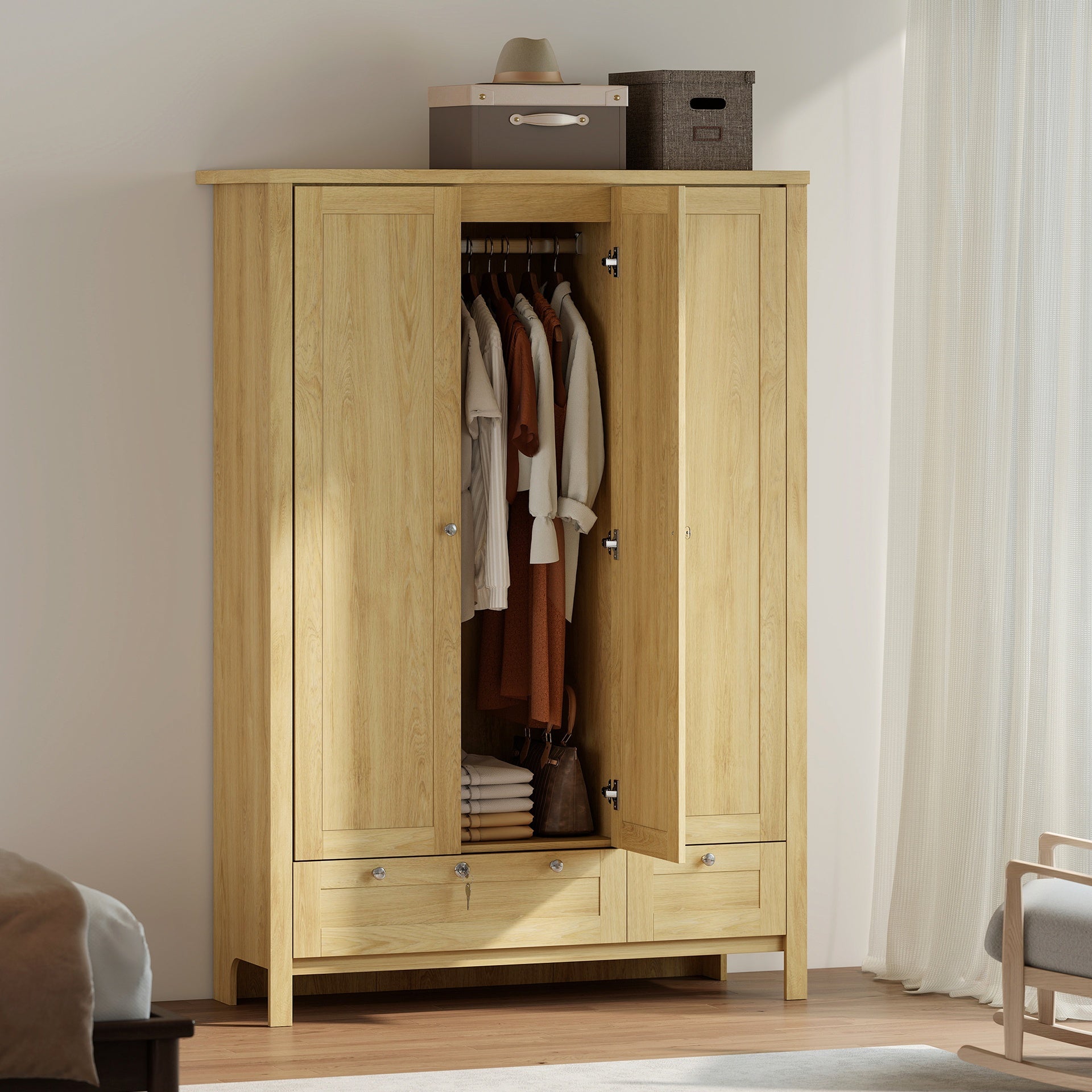 HOMCOM 3 Doors Wardrobe Closet with 2 Drawers, Bedroom Armoire with Lockable Drawer, Hanging Rod and Storage Shelves, Natural