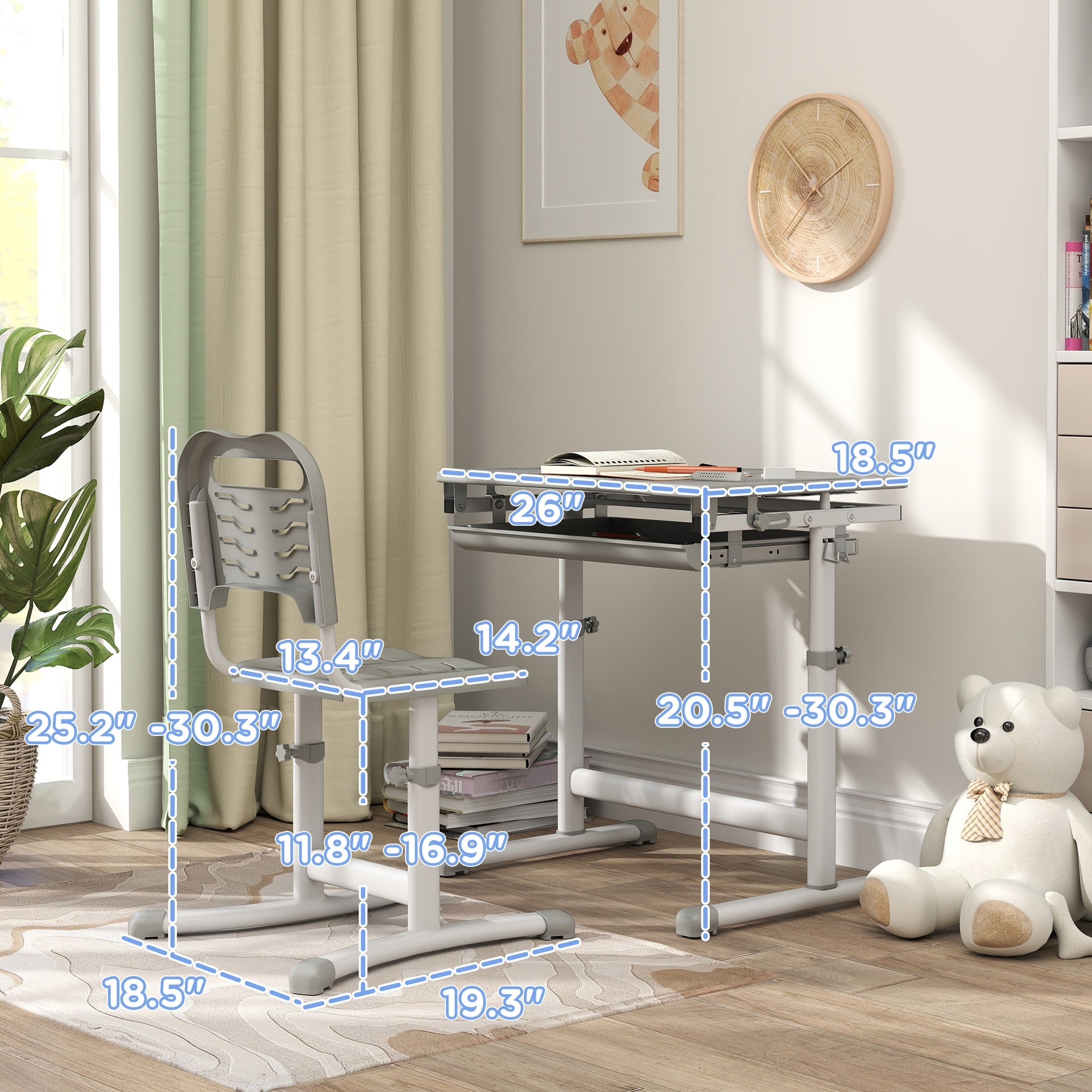 Qaba Height Adjustable Kids Desk and Chairs Set with Tilt Desktop, Storage Drawer, Pen Slot, Hook, Gray