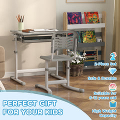 Qaba Height Adjustable Kids Desk and Chairs Set with Tilt Desktop, Storage Drawer, Pen Slot, Hook, Gray