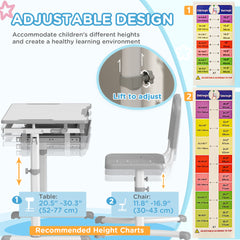 Qaba Height Adjustable Kids Desk and Chairs Set with Tilt Desktop, Storage Drawer, Pen Slot, Hook, Gray