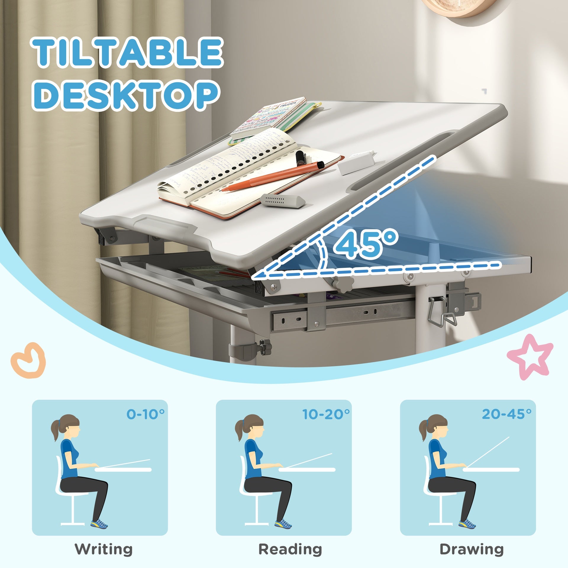 Qaba Height Adjustable Kids Desk and Chairs Set with Tilt Desktop, Storage Drawer, Pen Slot, Hook, Gray