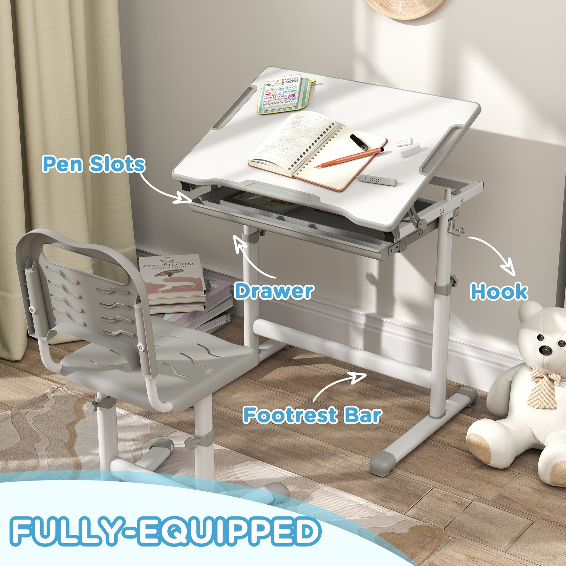 Qaba Height Adjustable Kids Desk and Chairs Set with Tilt Desktop, Storage Drawer, Pen Slot, Hook, Gray