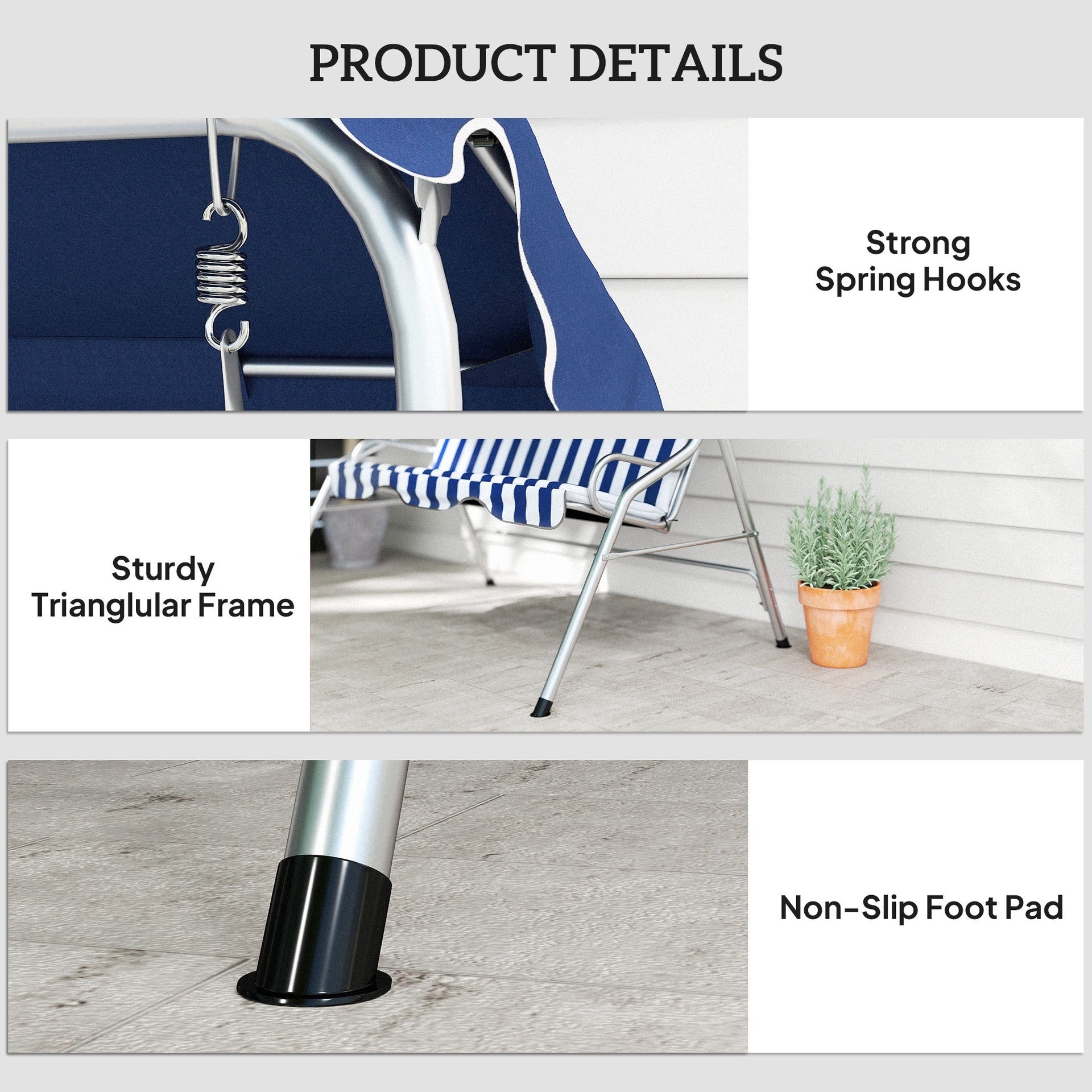 Outsunny 3-Person Porch Swing with Canopy, Patio Swing Chair, Outdoor Canopy Swing Bench with Adjustable Shade, Cushion and Steel Frame, Dark Blue & White Striped