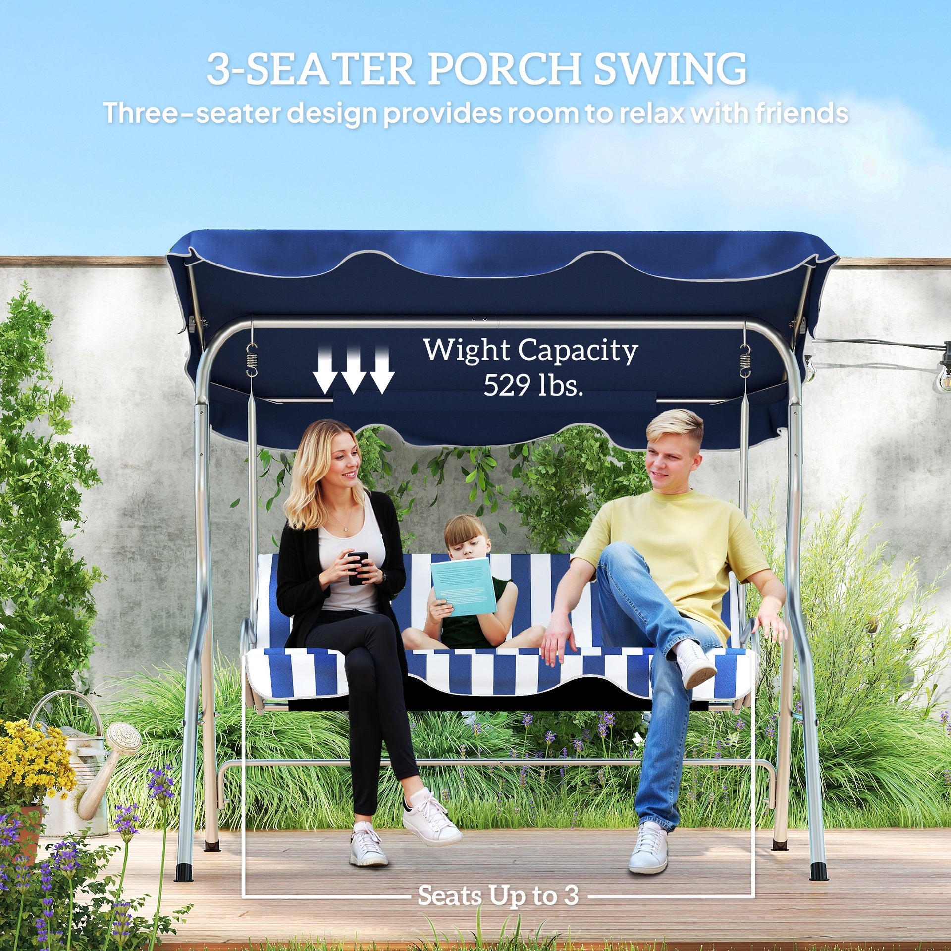 Outsunny 3-Person Porch Swing with Canopy, Patio Swing Chair, Outdoor Canopy Swing Bench with Adjustable Shade, Cushion and Steel Frame, Dark Blue & White Striped