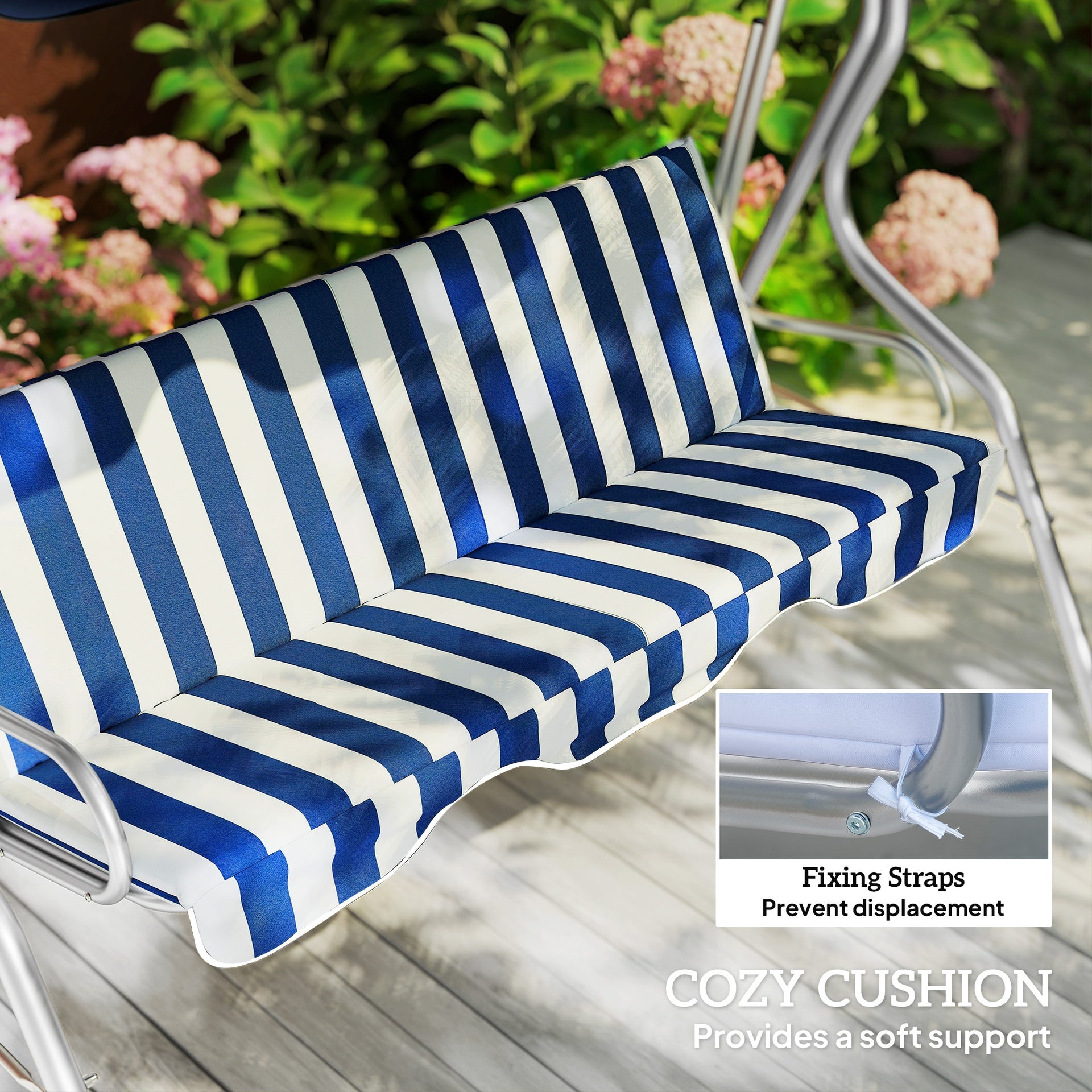Outsunny 3-Person Porch Swing with Canopy, Patio Swing Chair, Outdoor Canopy Swing Bench with Adjustable Shade, Cushion and Steel Frame, Dark Blue & White Striped