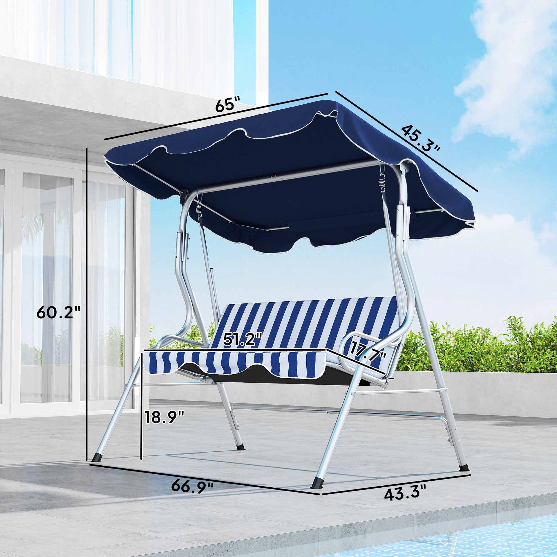 Outsunny 3-Person Porch Swing with Canopy, Patio Swing Chair, Outdoor Canopy Swing Bench with Adjustable Shade, Cushion and Steel Frame, Dark Blue & White Striped