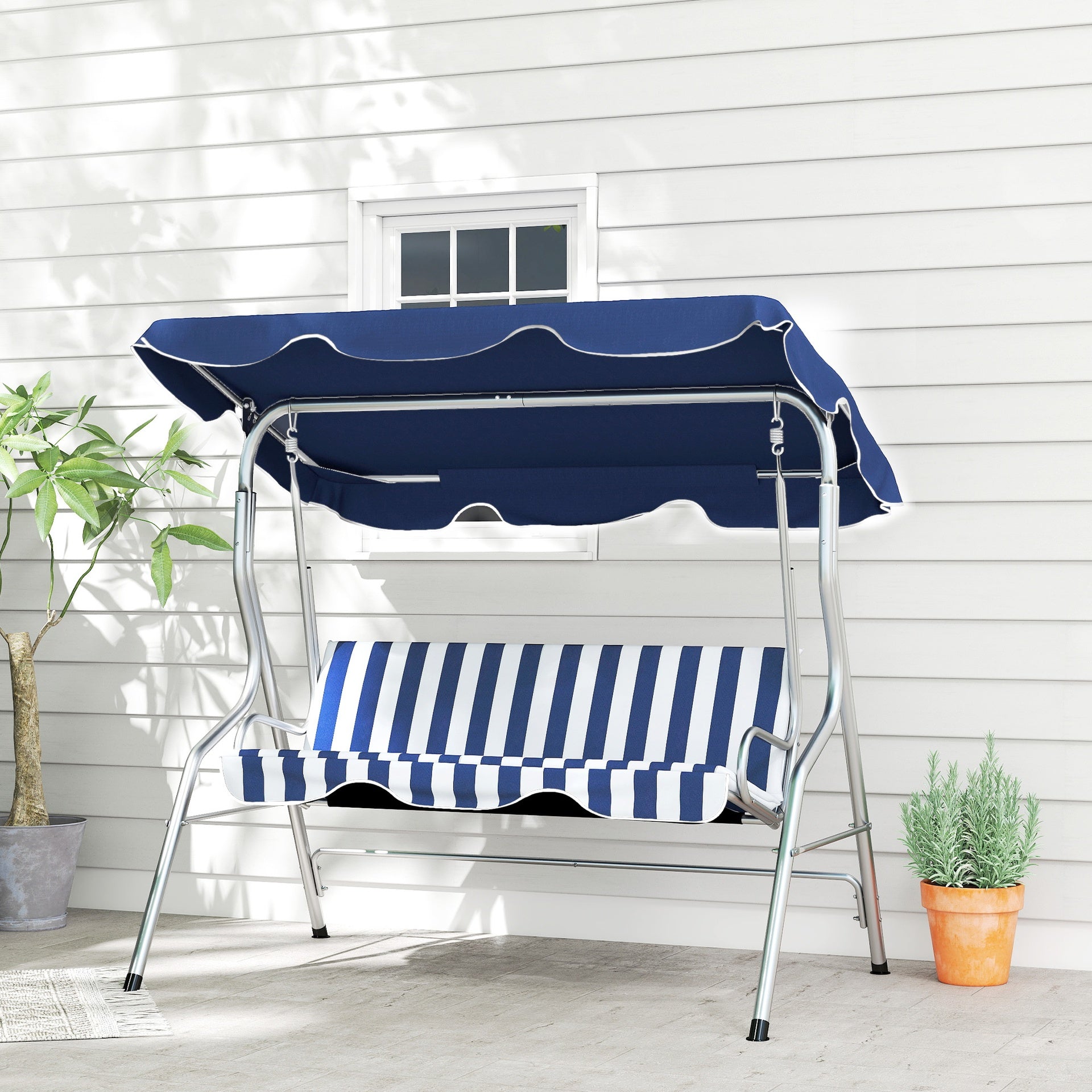Outsunny 3-Person Porch Swing with Canopy, Patio Swing Chair, Outdoor Canopy Swing Bench with Adjustable Shade, Cushion and Steel Frame, Dark Blue & White Striped