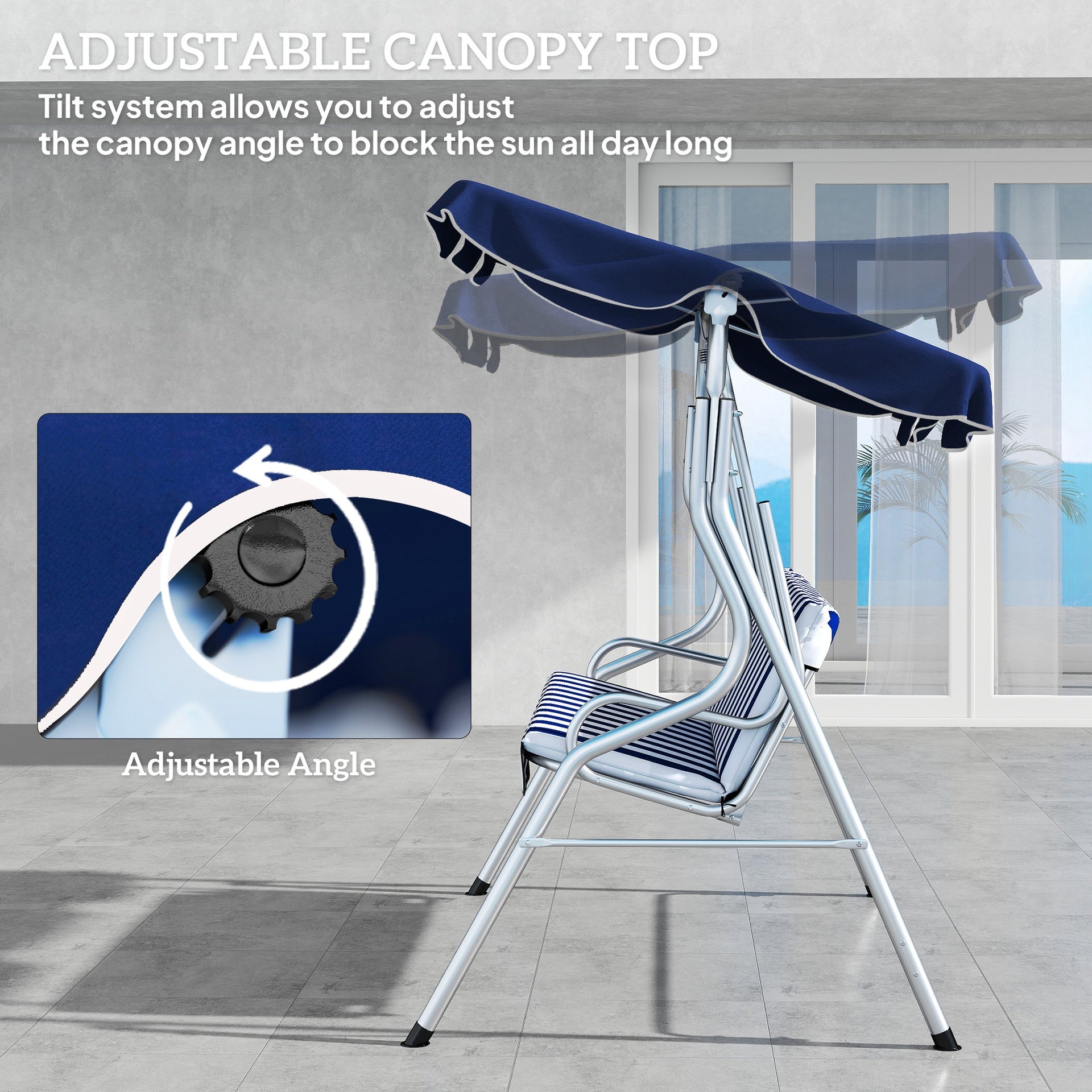 Outsunny 3-Person Porch Swing with Canopy, Patio Swing Chair, Outdoor Canopy Swing Bench with Adjustable Shade, Cushion and Steel Frame, Dark Blue & White Striped