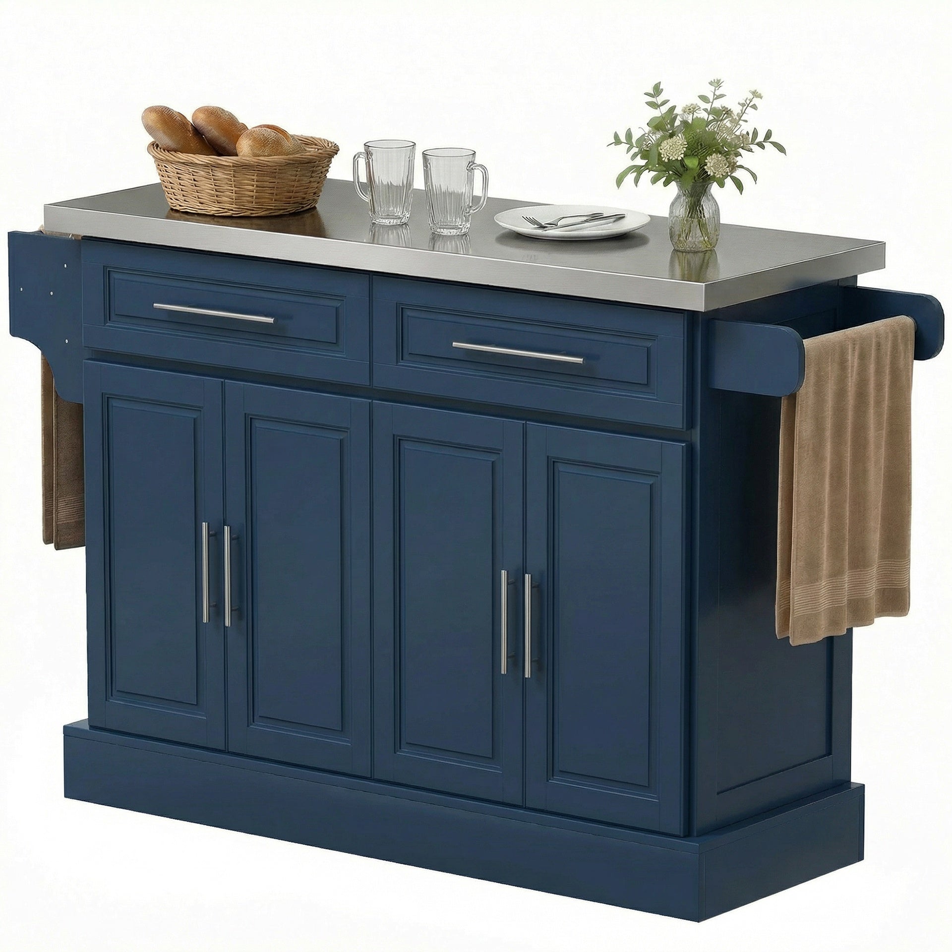 HOMCOM Rolling Kitchen Island with Stainless Steel Top, 2 Drawers, Spice, Knife and Towel Rack and Cabinets, Navy Blue