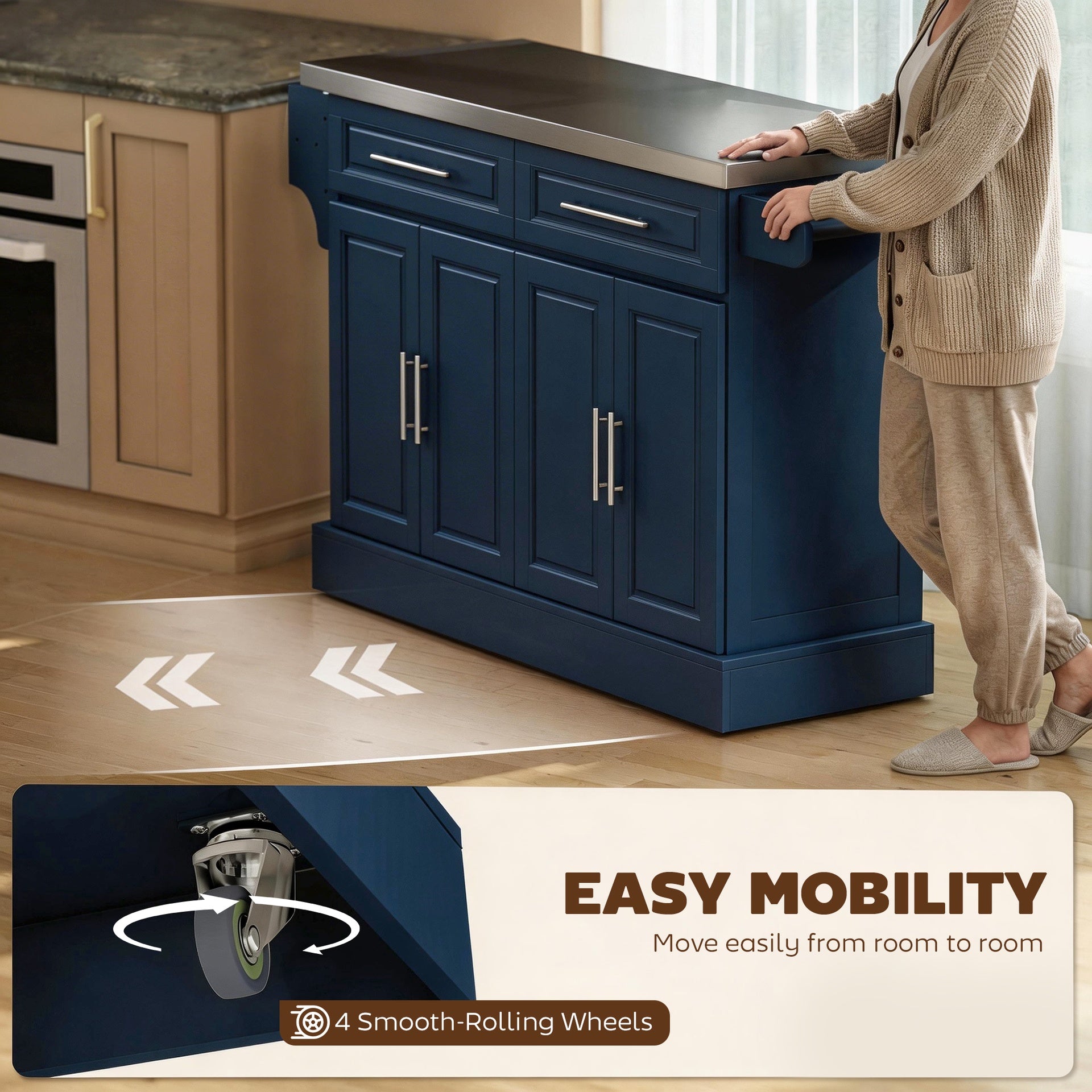 HOMCOM Rolling Kitchen Island with Stainless Steel Top, 2 Drawers, Spice, Knife and Towel Rack and Cabinets, Navy Blue