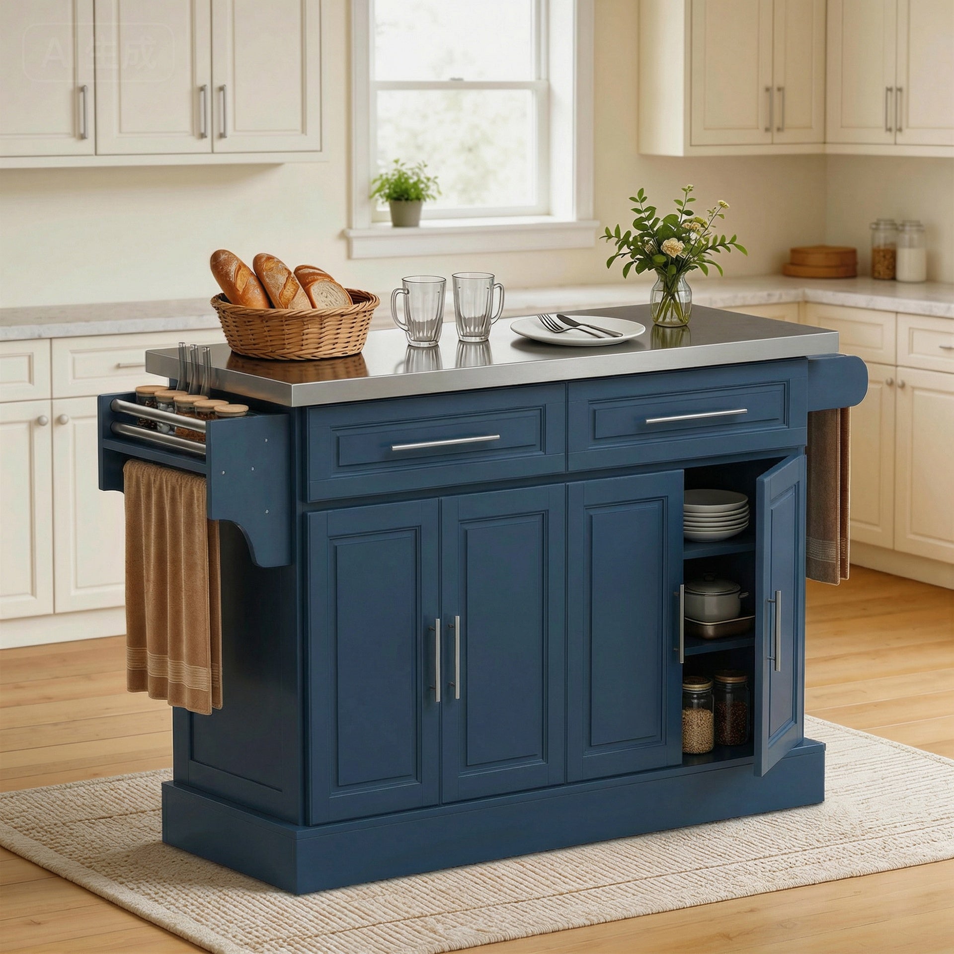 HOMCOM Rolling Kitchen Island with Stainless Steel Top, 2 Drawers, Spice, Knife and Towel Rack and Cabinets, Navy Blue