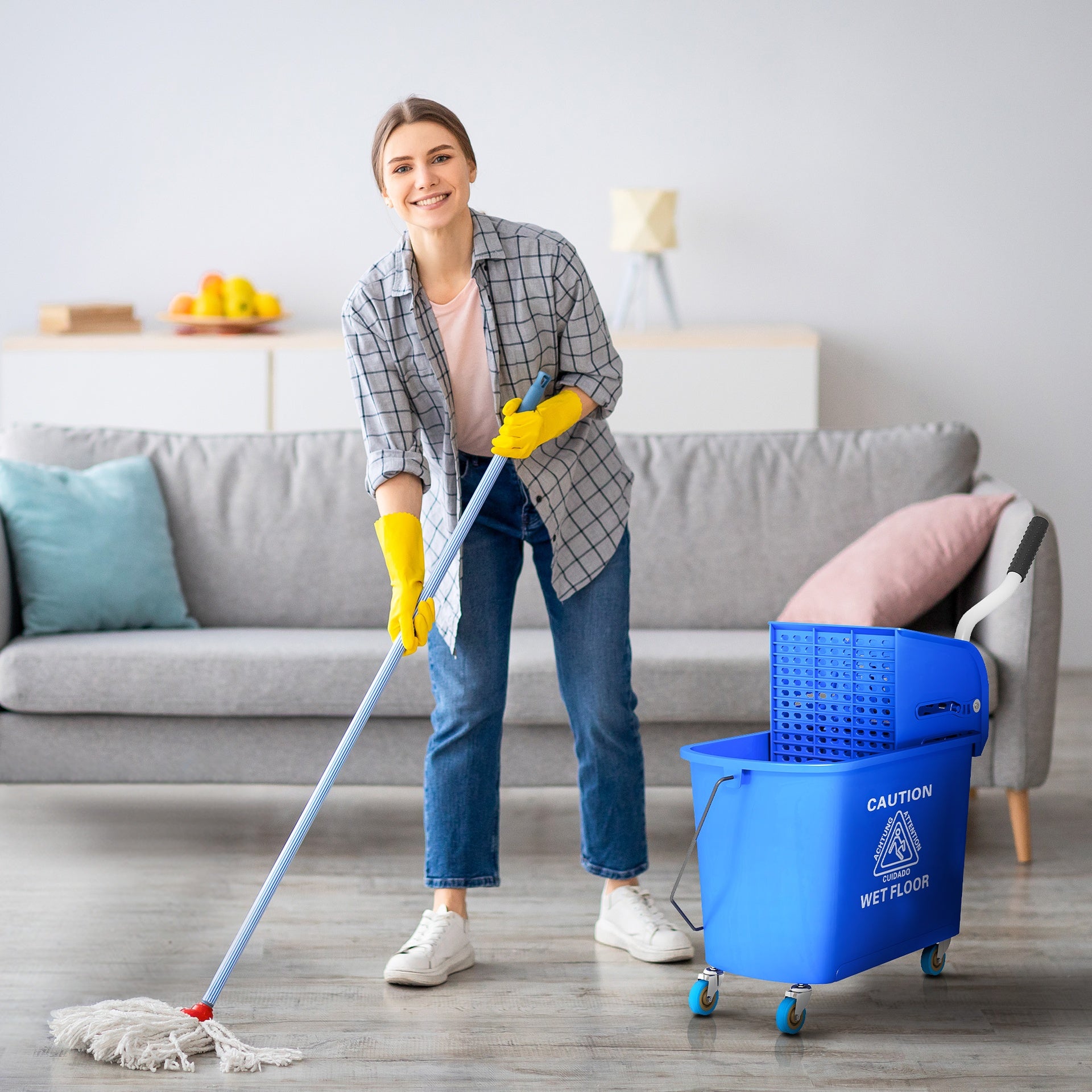 HOMCOM Compact Mop Bucket with Wringer, Mop Bucket on Wheels for Floor Cleaning, 21 Quart, Separate Dirty and Clean Water, Blue