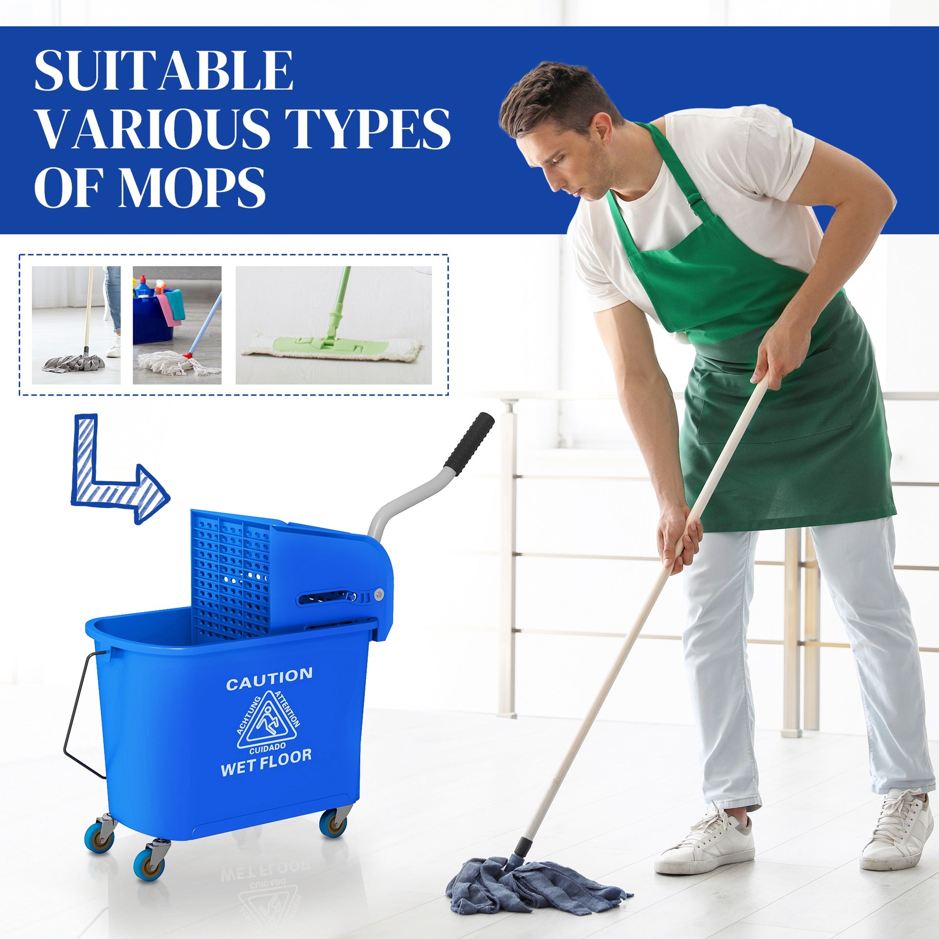 HOMCOM Compact Mop Bucket with Wringer, Mop Bucket on Wheels for Floor Cleaning, 21 Quart, Separate Dirty and Clean Water, Blue