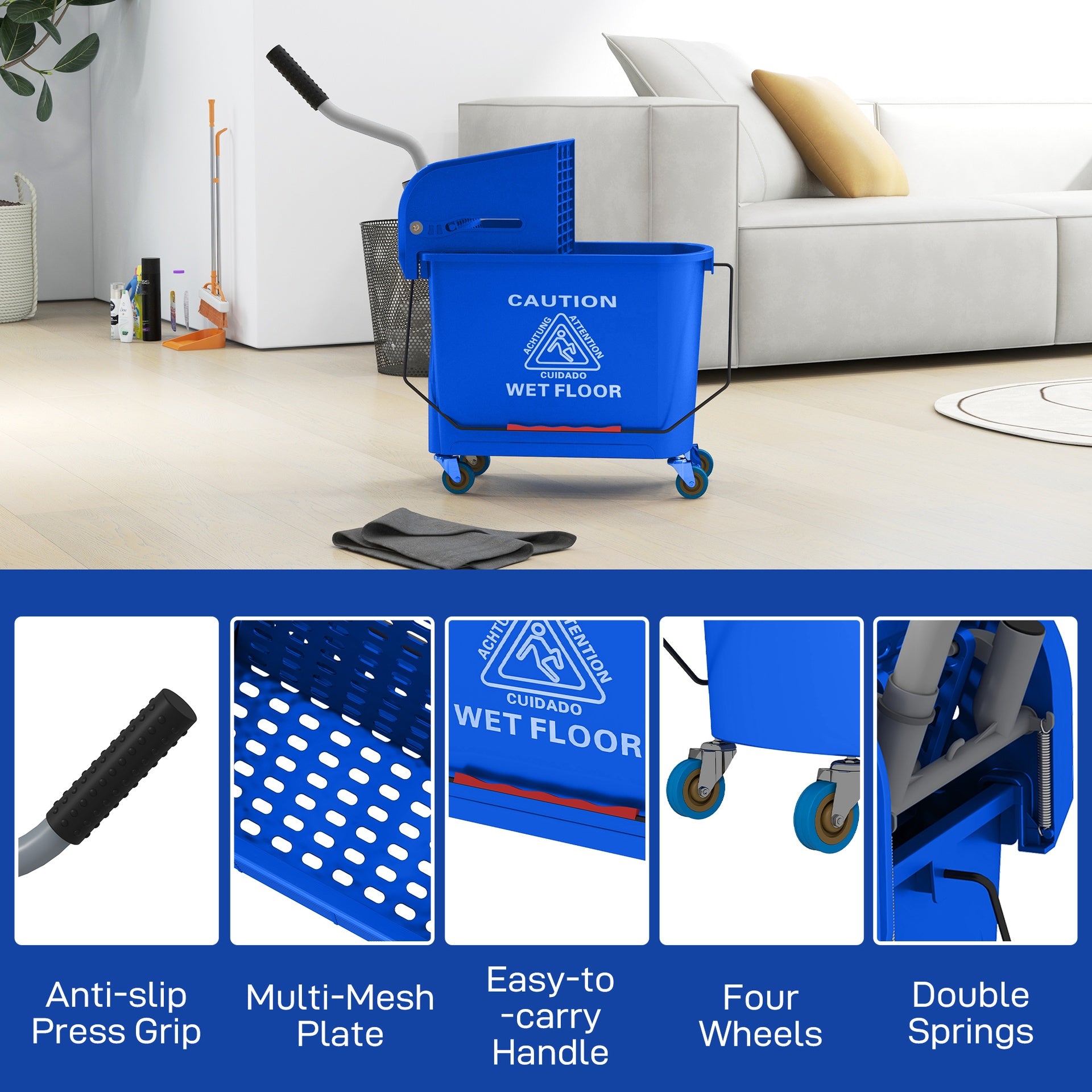 HOMCOM Compact Mop Bucket with Wringer, Mop Bucket on Wheels for Floor Cleaning, 21 Quart, Separate Dirty and Clean Water, Blue