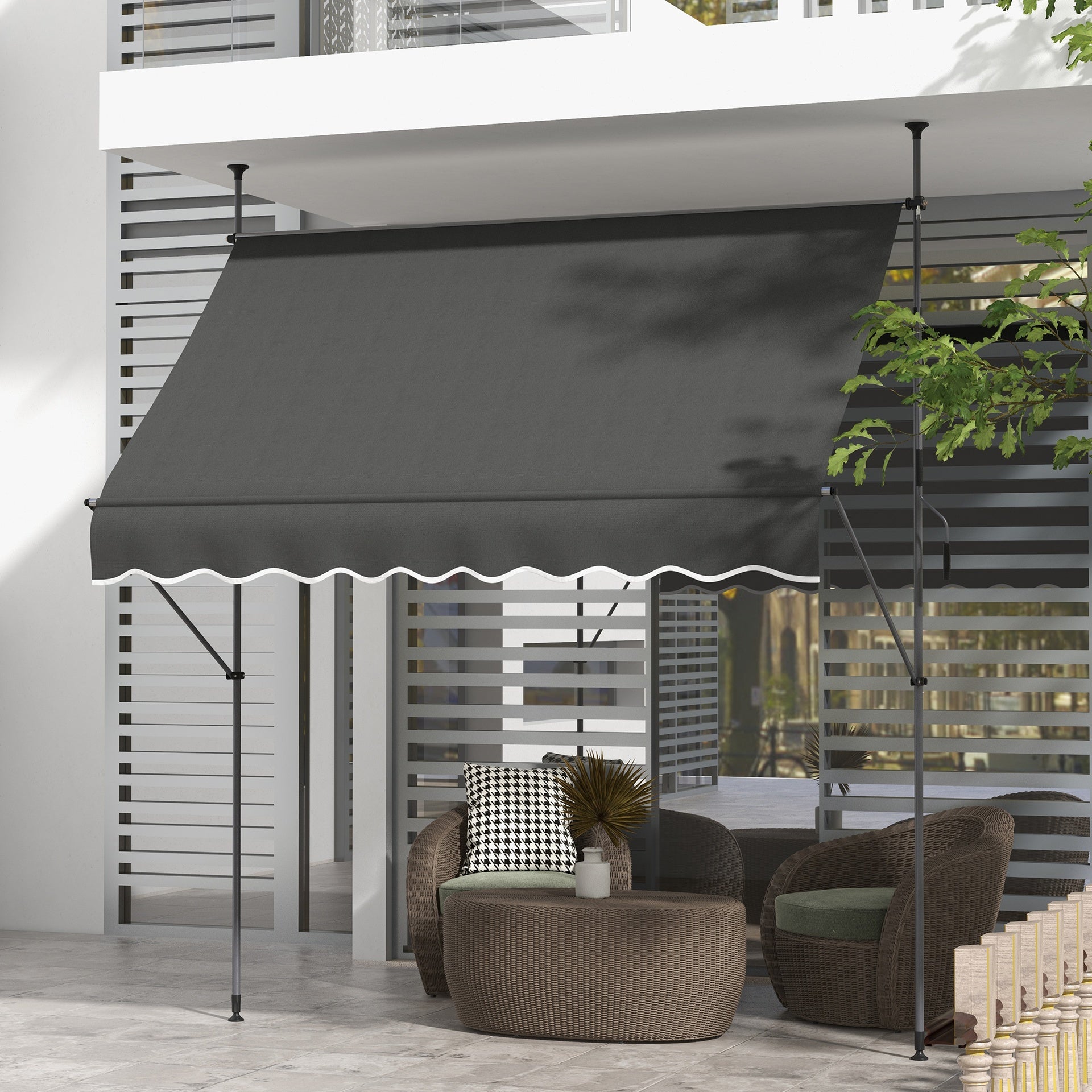 Outsunny 8' x 4' Manual Retractable Awning, Non-Screw Patio Awning, UV Resistant for Window or Door, Dark Gray