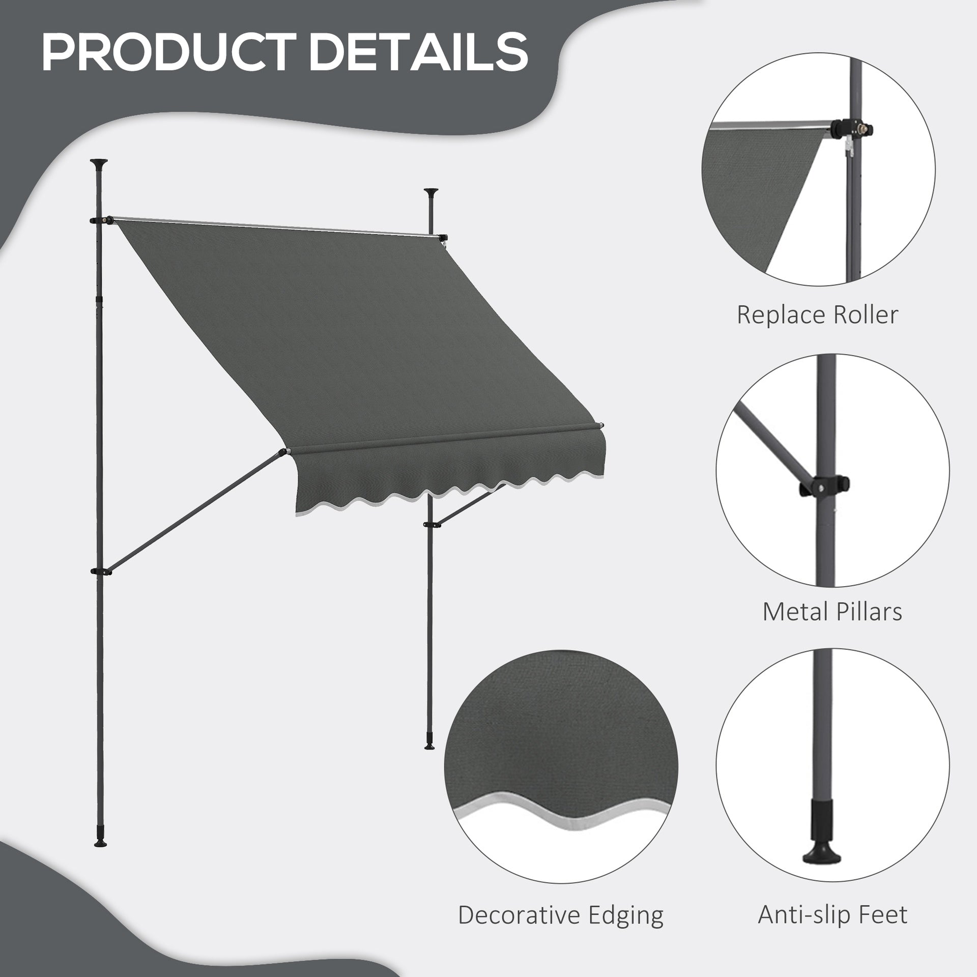 Outsunny 8' x 4' Manual Retractable Awning, Non-Screw Patio Awning, UV Resistant for Window or Door, Dark Gray