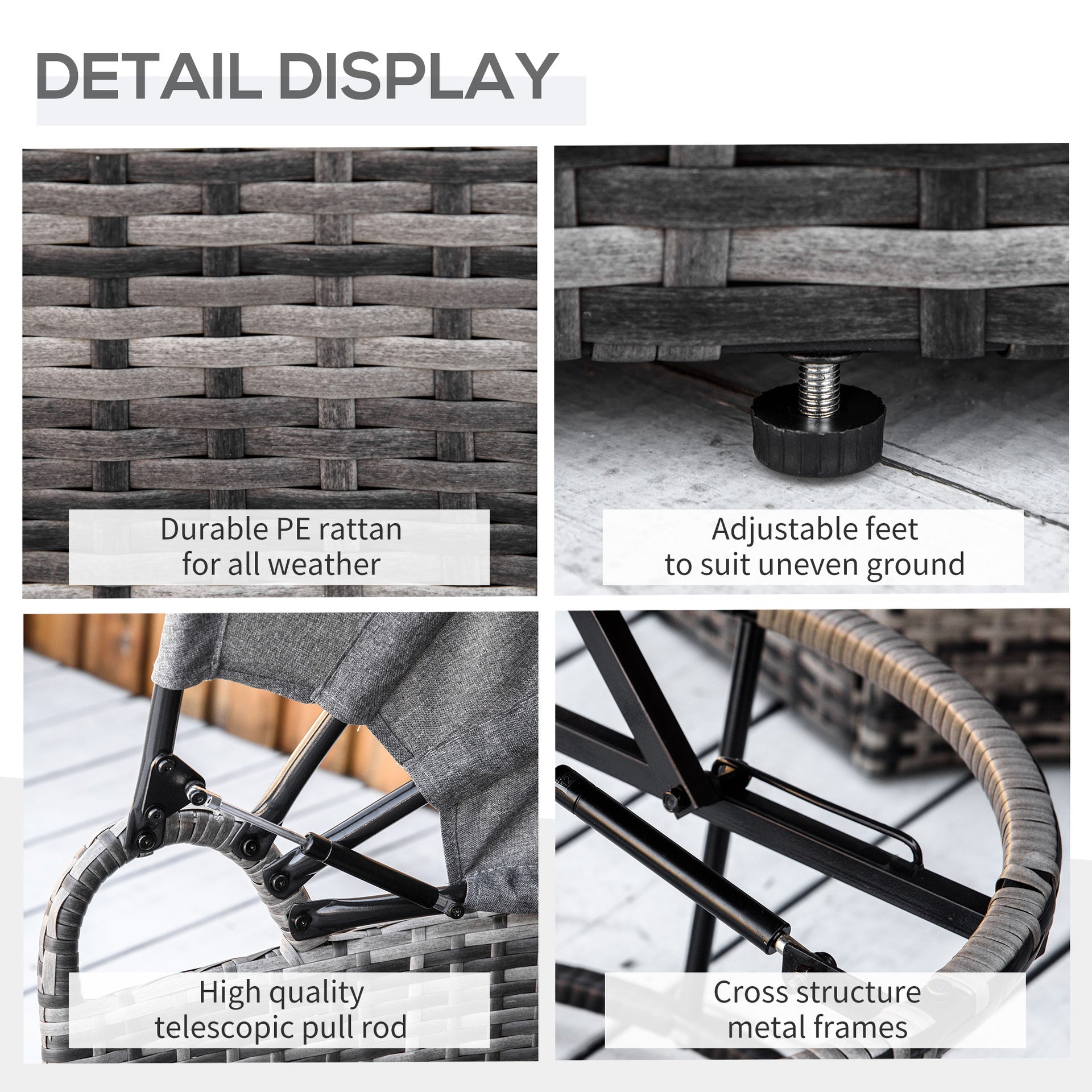 Outsunny 4 Piece Round Rattan Daybed, Convertible Patio Furniture Set, Adjustable Sun Canopy, Sectional Outdoor Sofa, 2 Chairs, Extending Tea Table Ottoman Chair, 3 Pillows, Gray