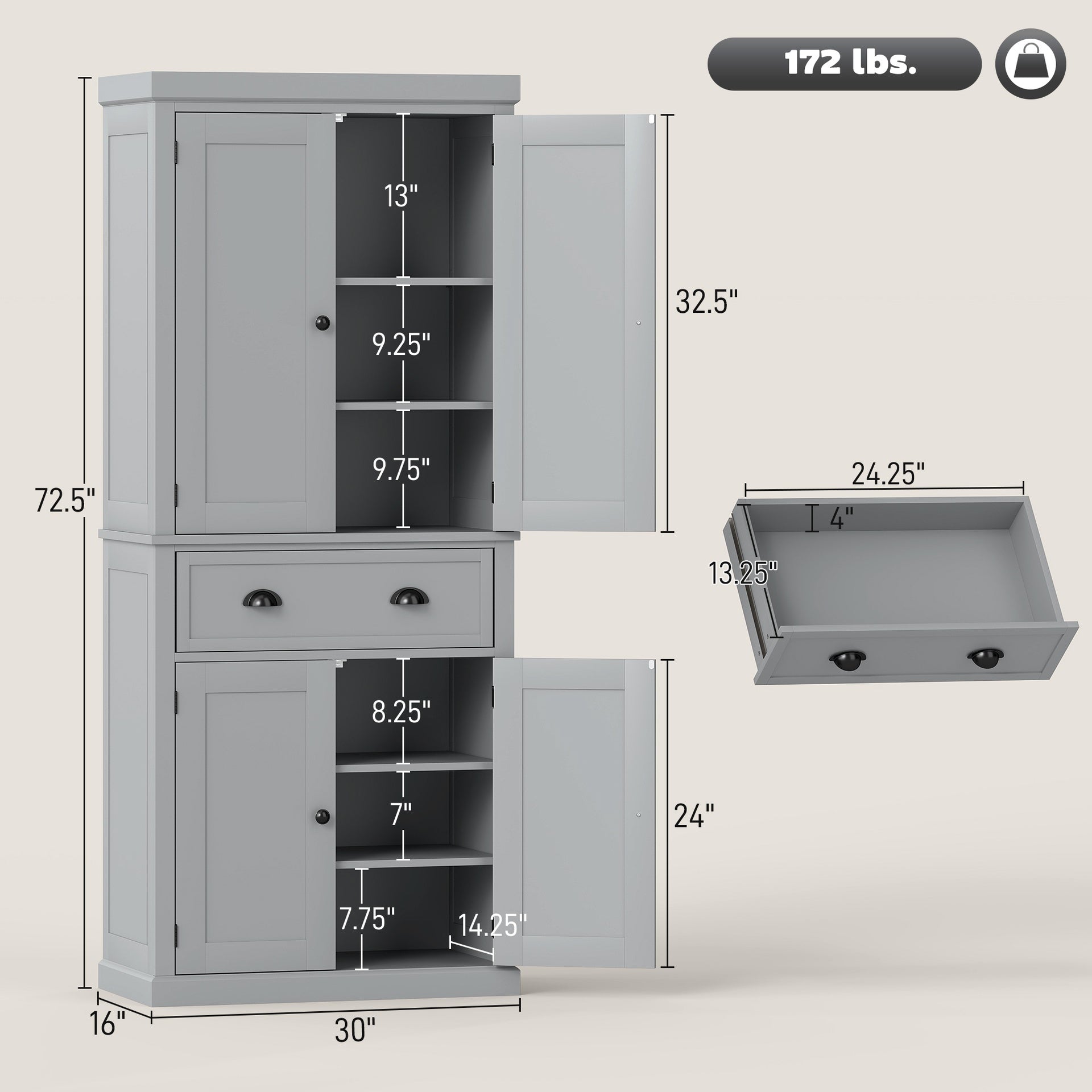 HOMCOM 72.5" Kitchen Cabinet, Pantry Storage Cabinet with Doors and Shelves, Freestanding Food Pantry Cabinet, Gray