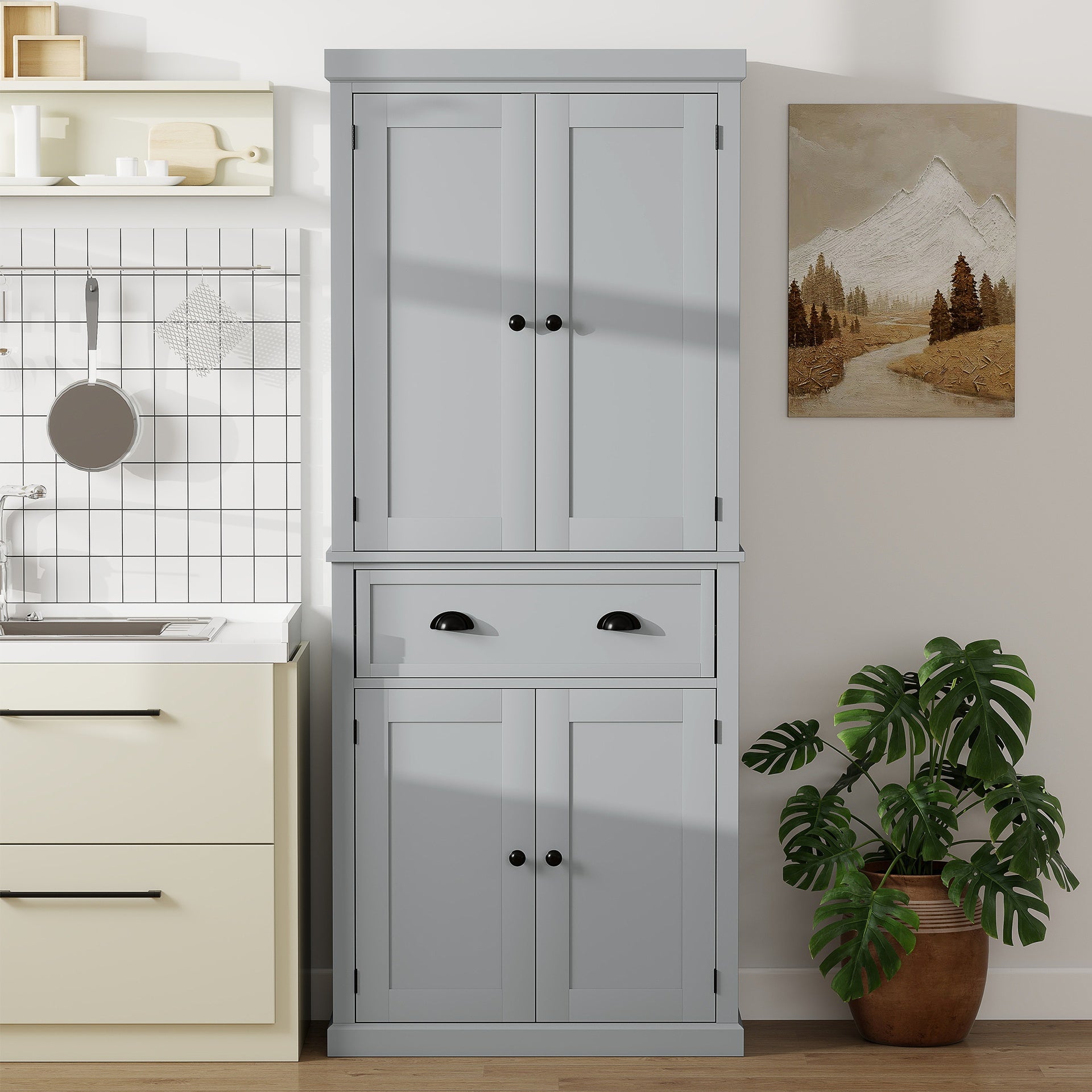 HOMCOM 72.5" Kitchen Cabinet, Pantry Storage Cabinet with Doors and Shelves, Freestanding Food Pantry Cabinet, Gray
