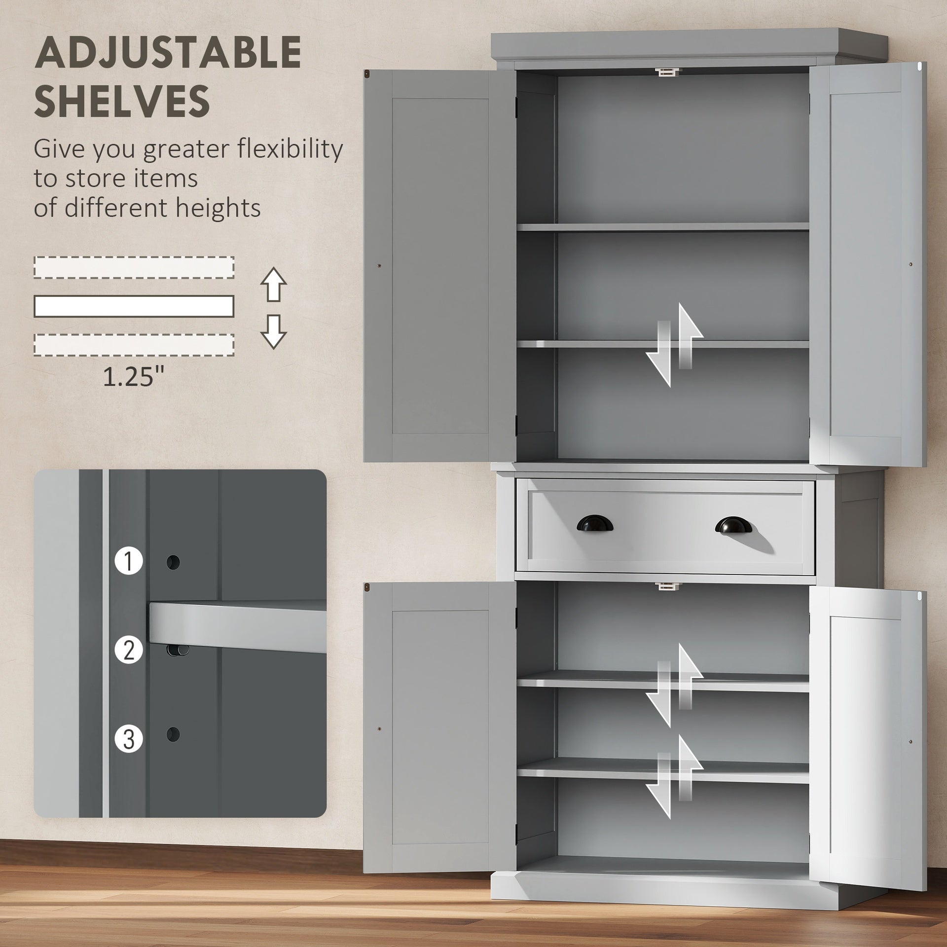 HOMCOM 72.5" Kitchen Cabinet, Pantry Storage Cabinet with Doors and Shelves, Freestanding Food Pantry Cabinet, Gray