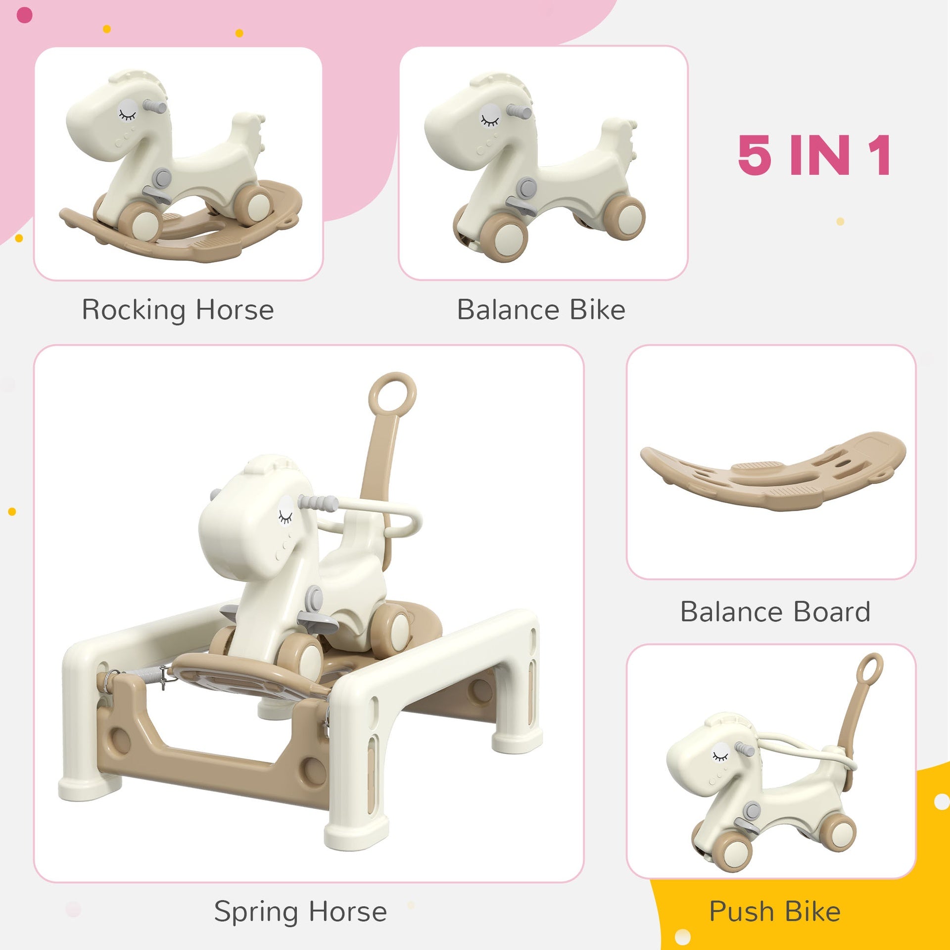 Qaba 5 in 1 Rocking Horse for Toddlers 1-3 Years with Detachable Balance Board, Push Handle, Footrest, Cream White