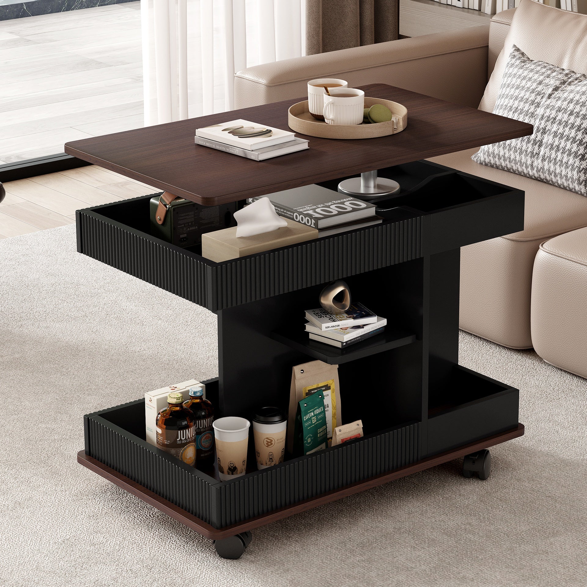 U-Can Adjustable End Table with Wheels, Modern Multifunctional Sofa Side Table with Lift-Top, 360°Rotating Top and Storage Space for Living Room, Small Space