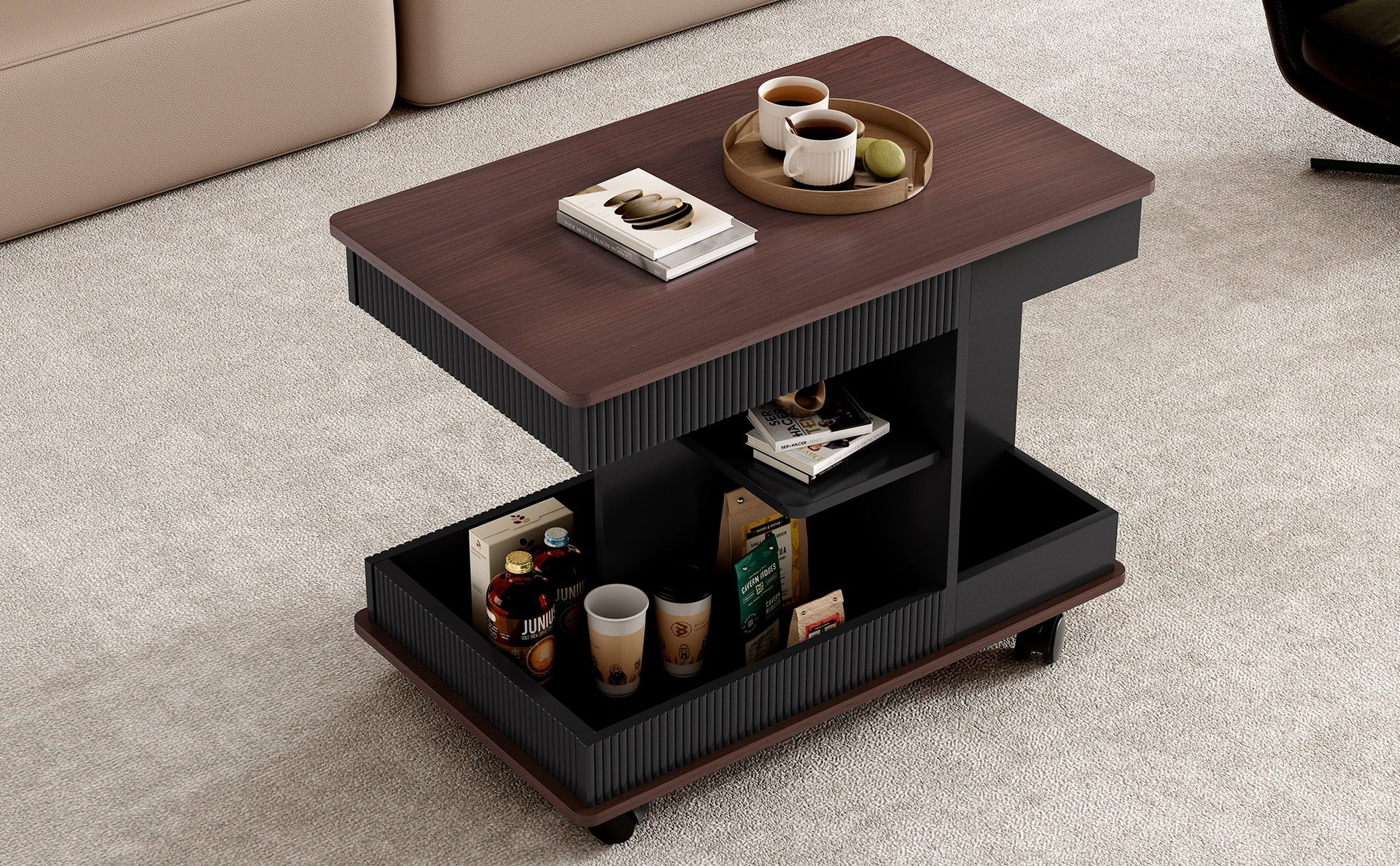 U-Can Adjustable End Table with Wheels, Modern Multifunctional Sofa Side Table with Lift-Top, 360°Rotating Top and Storage Space for Living Room, Small Space