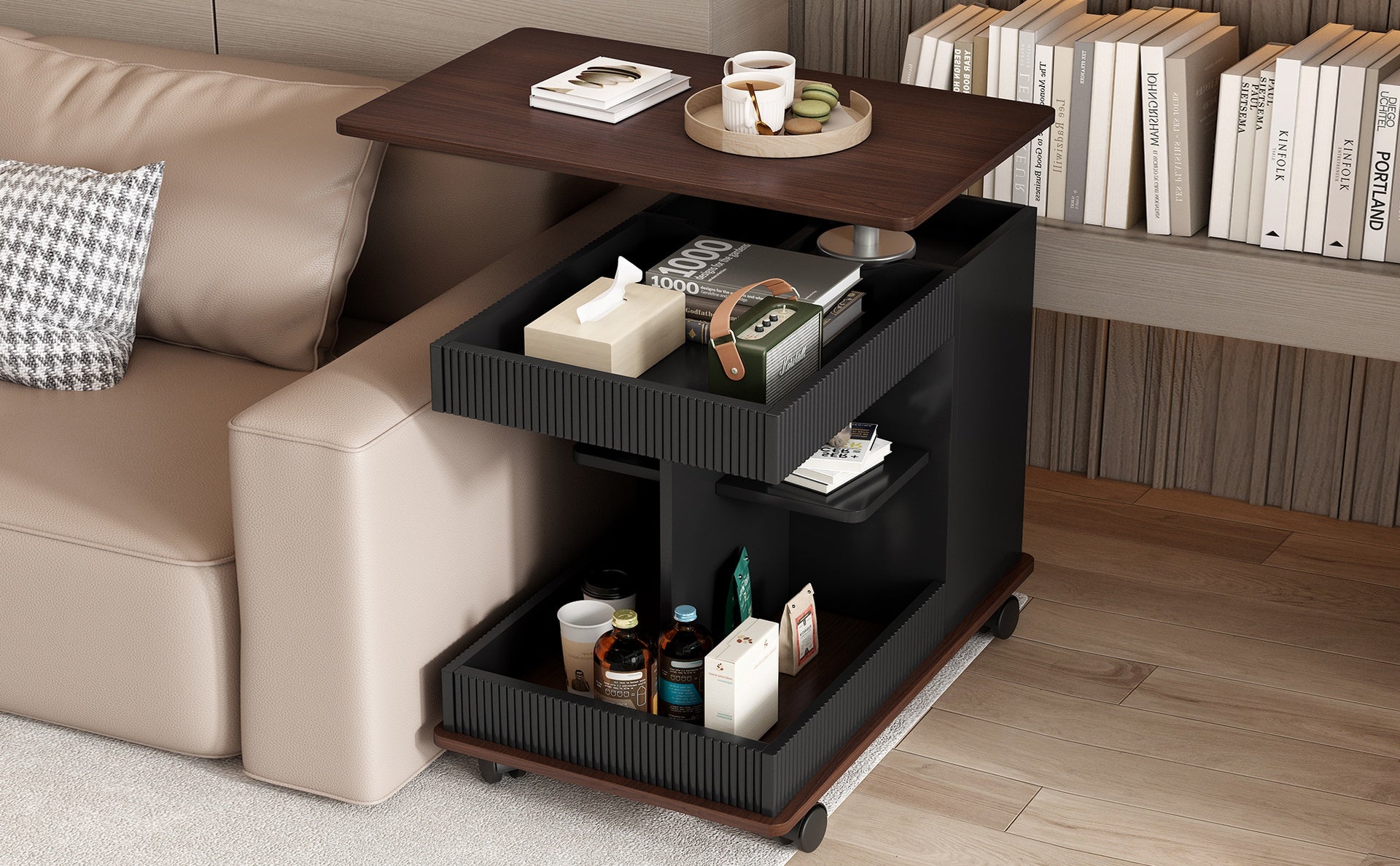 U-Can Adjustable End Table with Wheels, Modern Multifunctional Sofa Side Table with Lift-Top, 360°Rotating Top and Storage Space for Living Room, Small Space