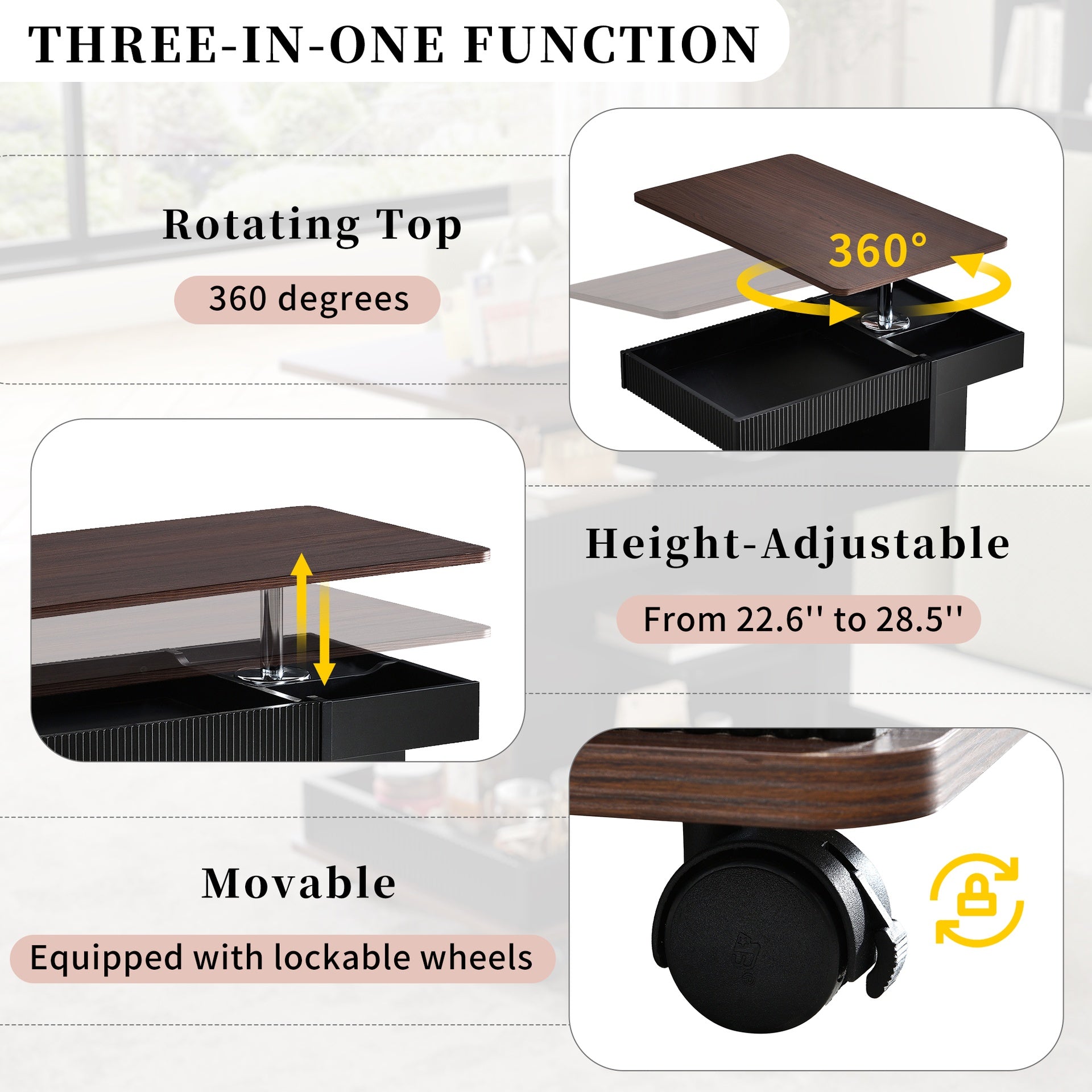 U-Can Adjustable End Table with Wheels, Modern Multifunctional Sofa Side Table with Lift-Top, 360°Rotating Top and Storage Space for Living Room, Small Space