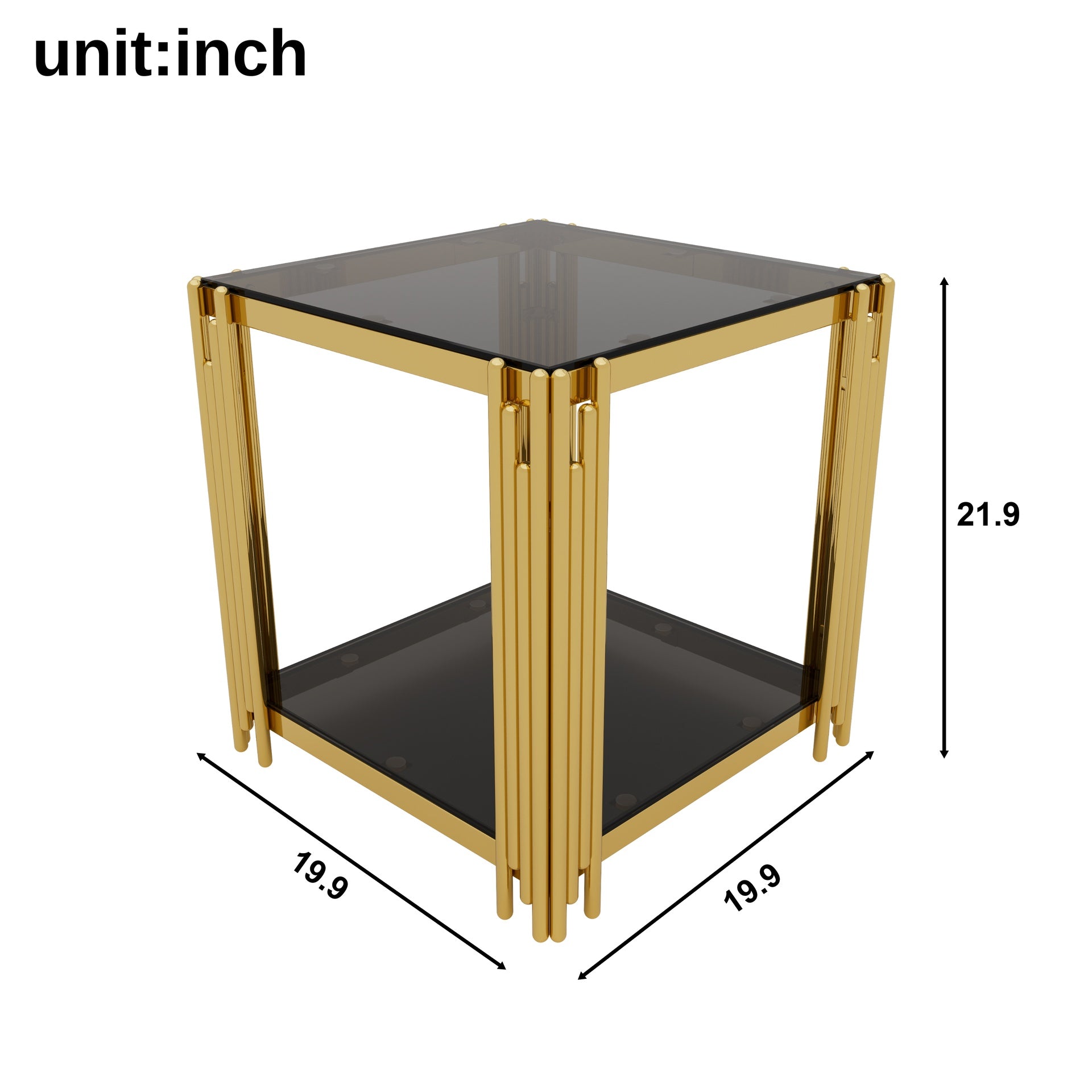 Living Room Table Set of 3 with 1 Coffee Table and 2 End Tables, Rectangle, Tempered Glass, Asymmetrical Metal, Gold Finish & Lower Shelf, 47.5"