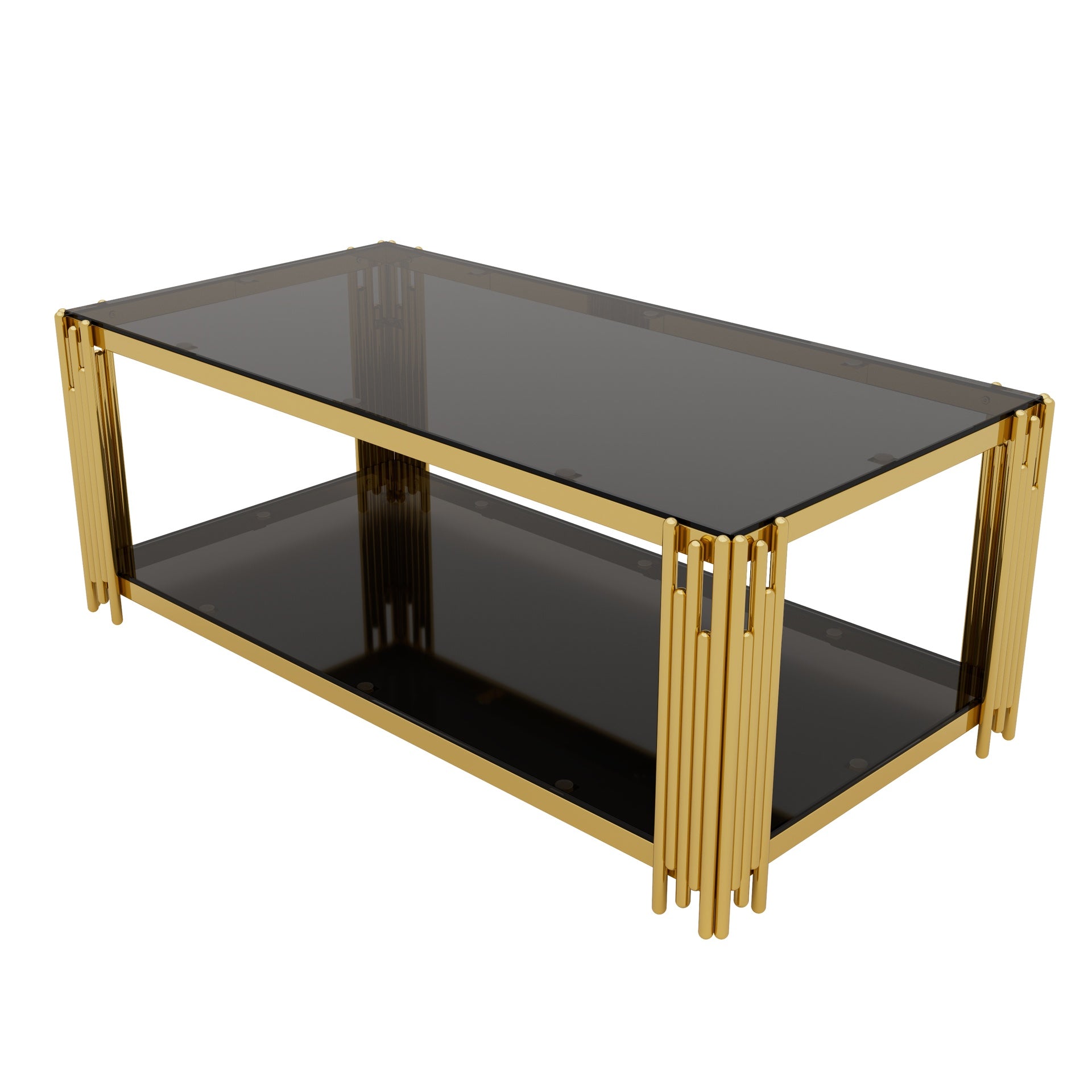 Living Room Table Set of 3 with 1 Coffee Table and 2 End Tables, Rectangle, Tempered Glass, Asymmetrical Metal, Gold Finish & Lower Shelf, 47.5"
