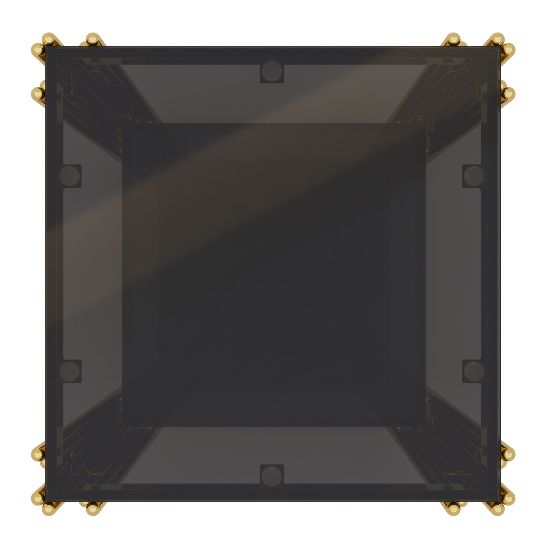 Modern Black Mirror End Table for Living Room, Square,Asymmetrical Metal, Gold Finish & Lower Shelf, 19.9"
