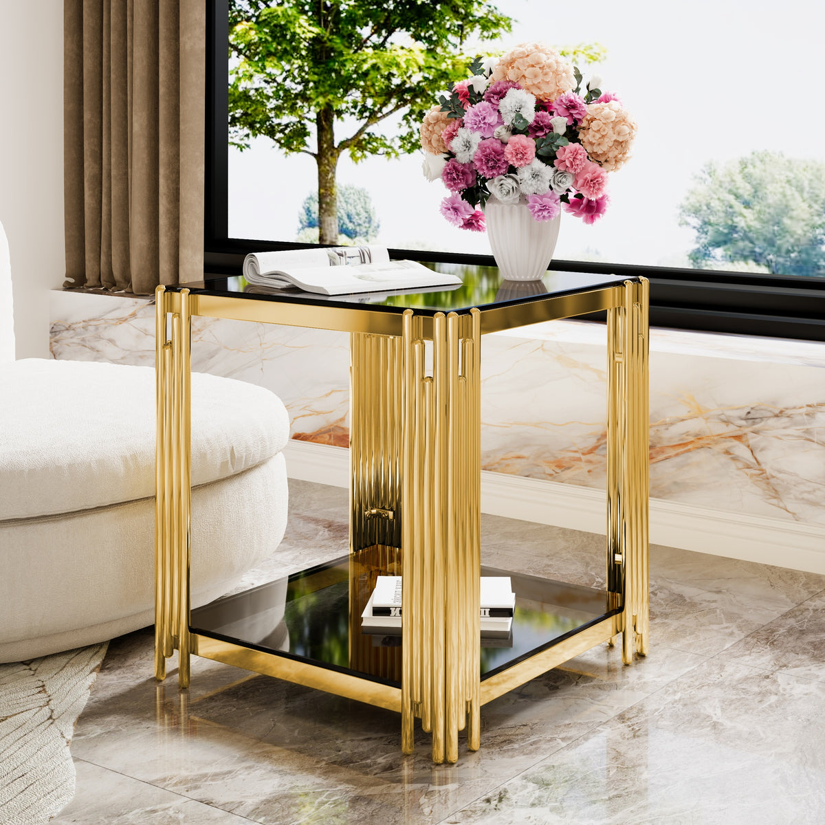Modern Black Mirror End Table for Living Room, Square,Asymmetrical Metal, Gold Finish & Lower Shelf, 19.9"