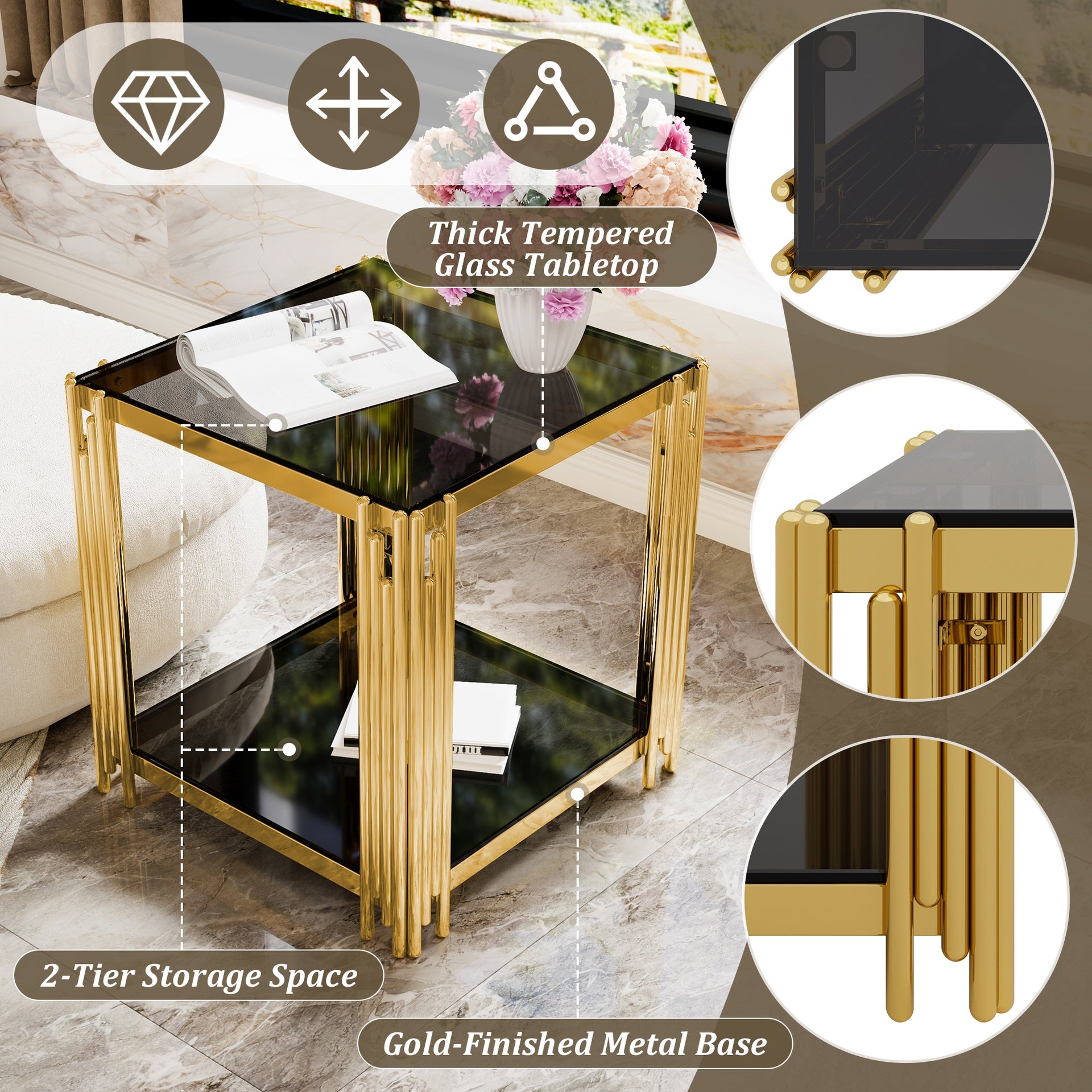 Modern Black Mirror End Table for Living Room, Square,Asymmetrical Metal, Gold Finish & Lower Shelf, 19.9"