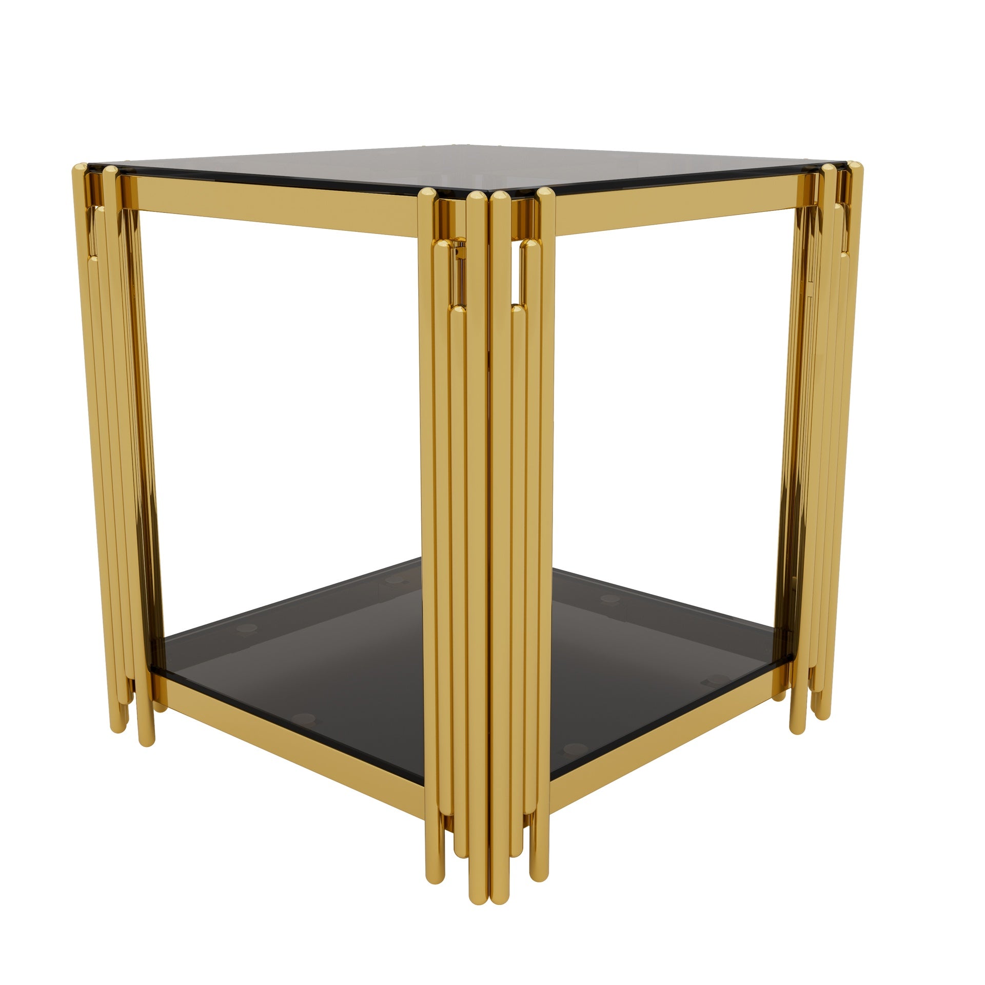 Modern Black Mirror End Table for Living Room, Square,Asymmetrical Metal, Gold Finish & Lower Shelf, 19.9"
