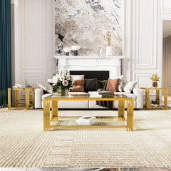 Living Room Table Set of 3 with 1 Coffee Table and 2 End Tables, Rectangle, Tempered Glass, Asymmetrical Metal, Gold Finish & Lower Shelf, 47.5"
