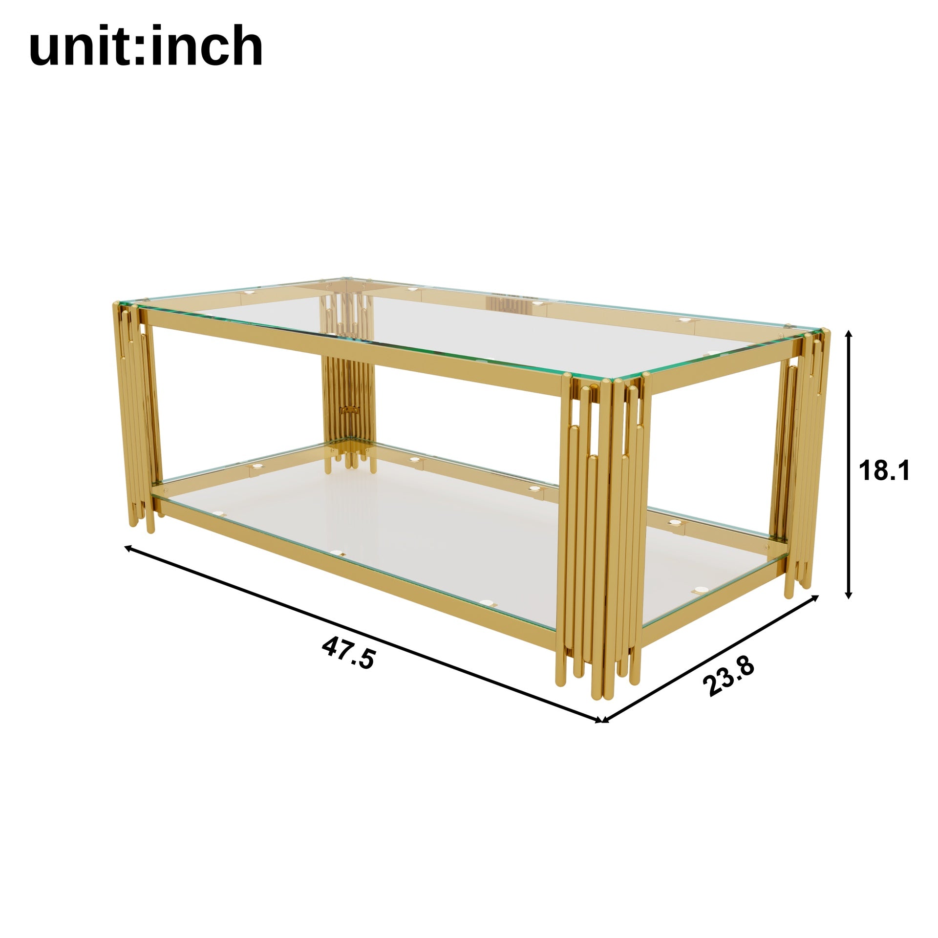 Living Room Table Set of 3 with 1 Coffee Table and 2 End Tables, Rectangle, Tempered Glass, Asymmetrical Metal, Gold Finish & Lower Shelf, 47.5"