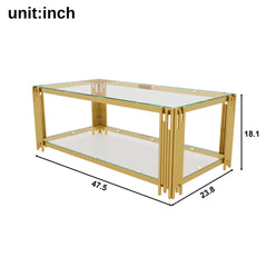 Living Room Table Set of 3 with 1 Coffee Table and 2 End Tables, Rectangle, Tempered Glass, Asymmetrical Metal, Gold Finish & Lower Shelf, 47.5"