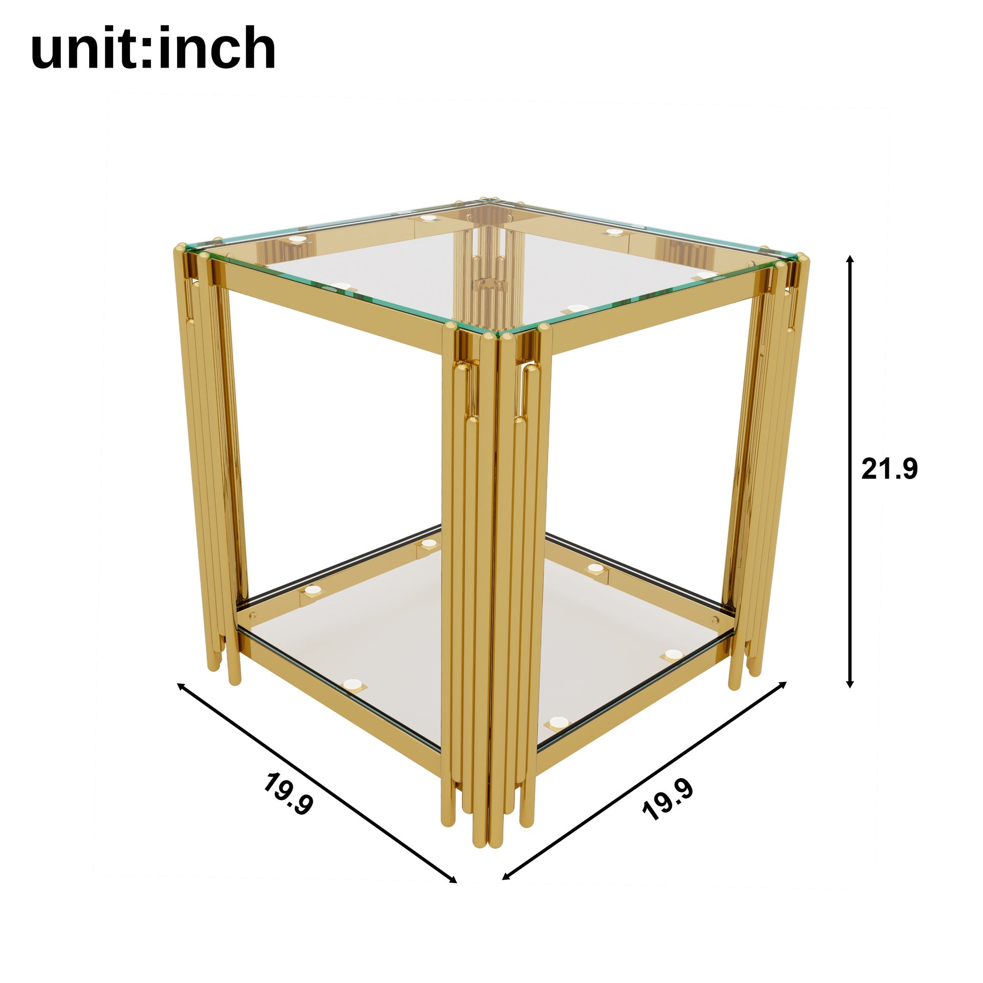 Living Room Table Set of 3 with 1 Coffee Table and 2 End Tables, Rectangle, Tempered Glass, Asymmetrical Metal, Gold Finish & Lower Shelf, 47.5"